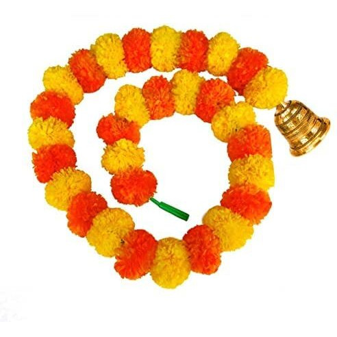 Abhaas 10 Pcs Handmade Artificial Marigold Flowers Garland For Decoration Door Toran Genda Phool For Diwali Wedding/Festivals With Bells (Yellow+Orange Marigold+Bells/ 10Pc), 152 Centimeters