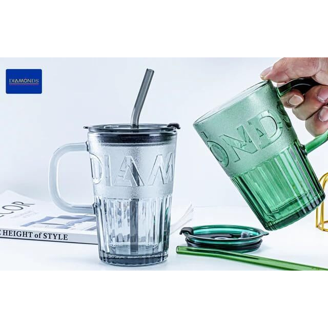 KiKiluxxa Glass Fruit Juice Milk Mug with Lid -370ml-Pack of 1 - Glass Black Tea and Coffee Sipper Tumbler Mug Anniversary and Diwali Gifts Mug (Ruby OND Black 1)