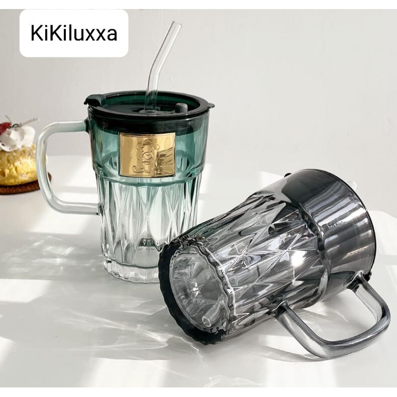 KiKiluxxa Random Clour Glass Fruit Juice Milk Mug with Lid and Straw for Kids - Pack of 4 - Can with Straw for Green Tea and Coffee Cup with Lid Diwali and Birthday Gift (Tiara Tumbler 4)