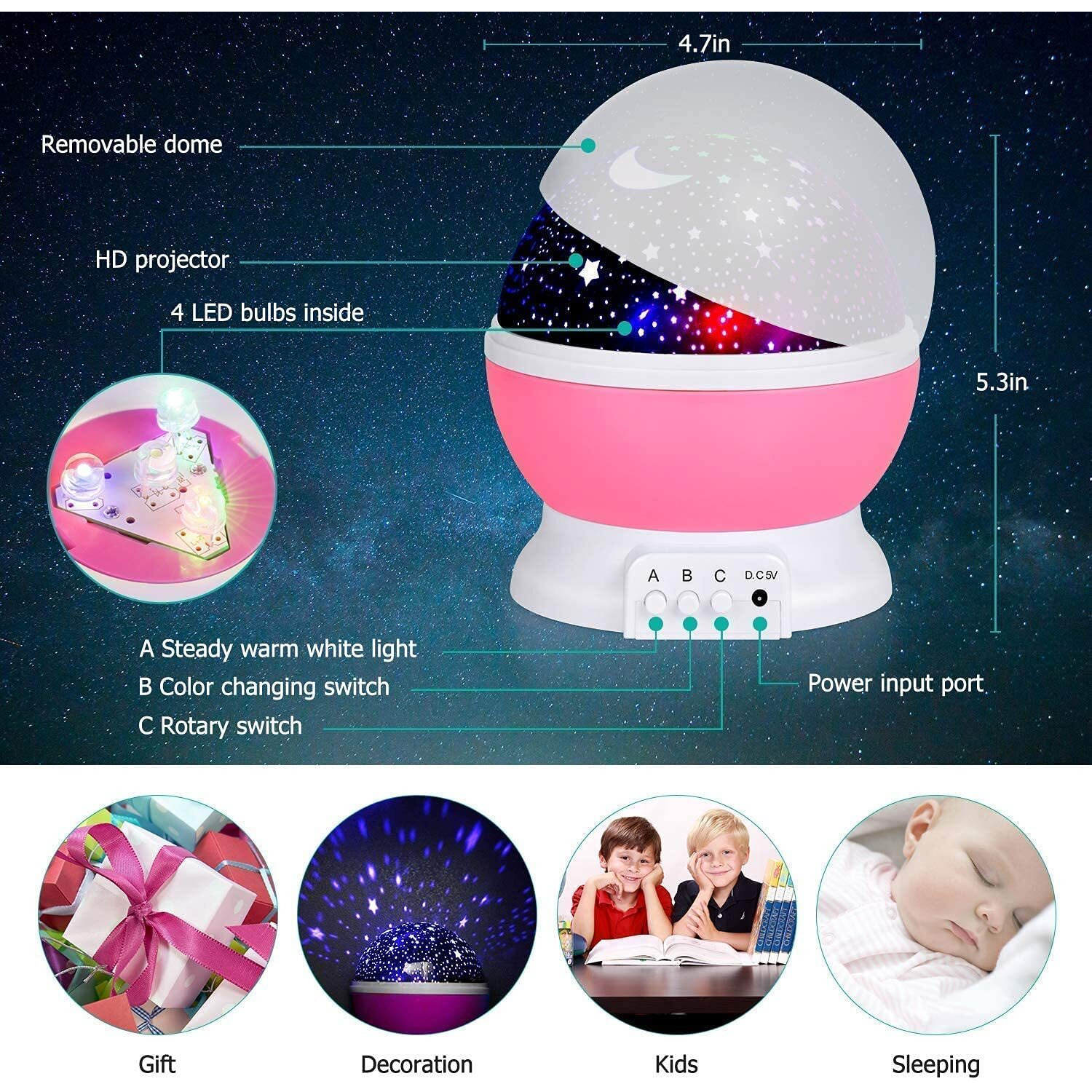 Scholazs Romantic Sky Star Master Night Projector Lamp with USB 4 LED Rotation Baby Sleep Lighting USB Lamp Led Projection for Diwali Decor,Kids Room, Home Decor (Multicolour)