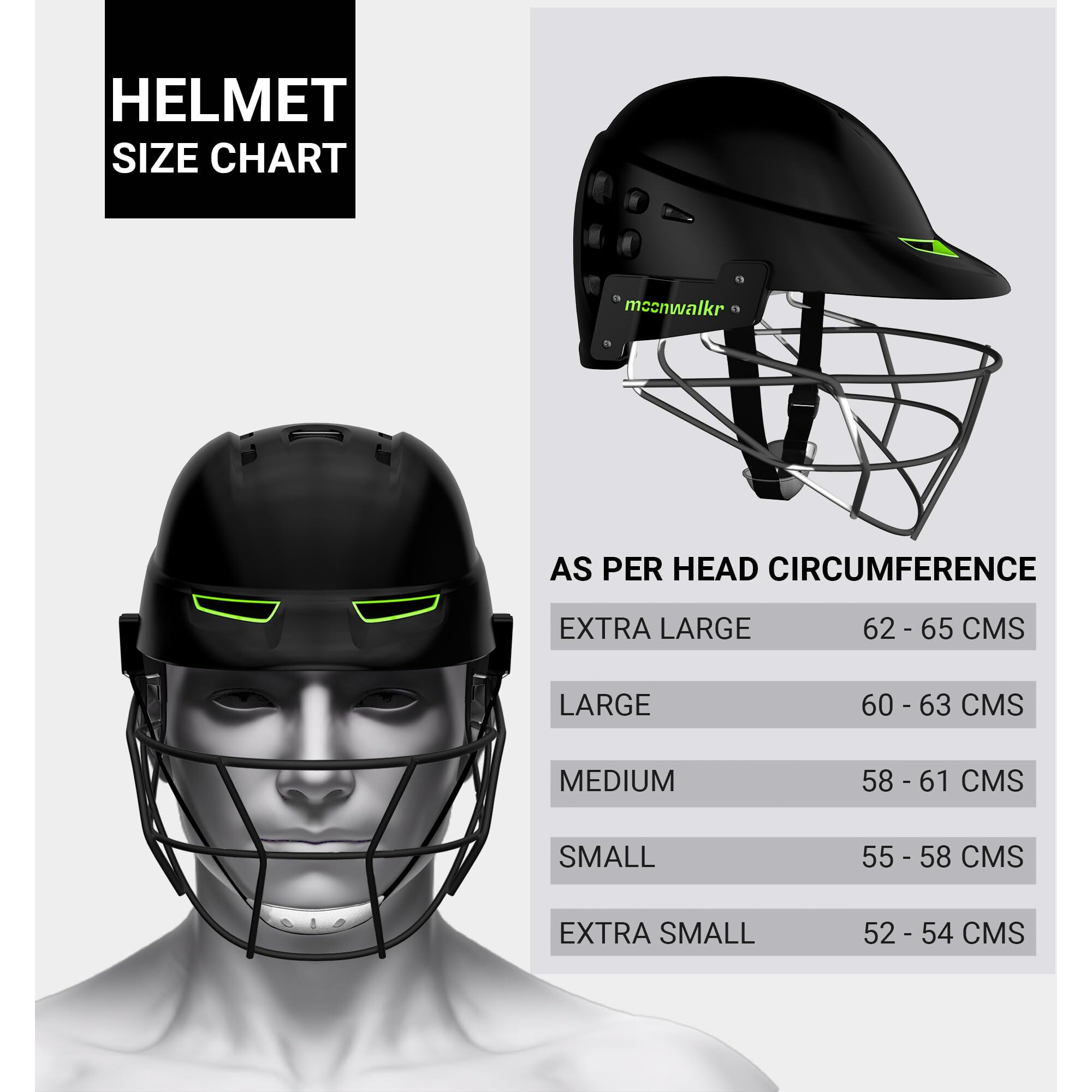 moonwalkr Mind 2.0 Cricket Helmet Head Guard for (60-63) CM Head Size Protective Gear Kids Helmet with 30 air Vents & Endure Impacts up to 160 kmph Batting Helmet & Helmet for Cricket (Large, Black)