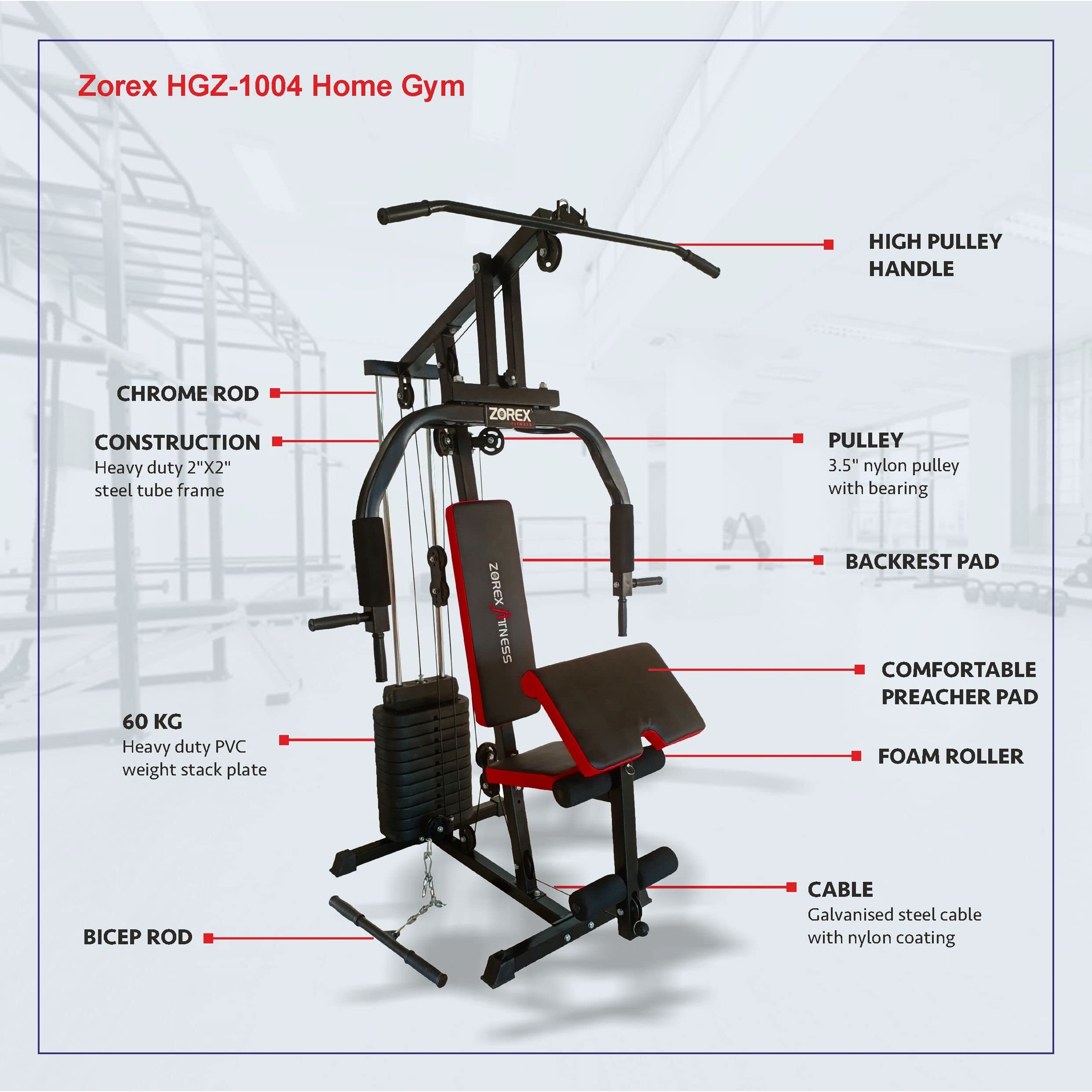 Zorex Home Gym Machine for Workout, Multiple Function Exercises with Removable Preacher curl Attachment (HGZ-1004 with ZF-102 with Multipurpose Bench)