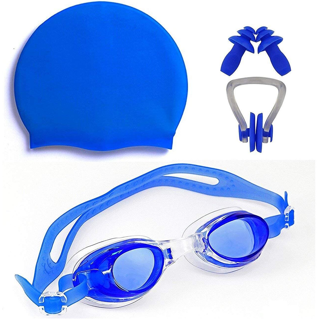 Drauss Swimming Kit Contain Anti Fog Swimming Goggle, 2 Ear Plugs, 1 Nose Clip and 100% Silicone Swimming Cap (Blue)