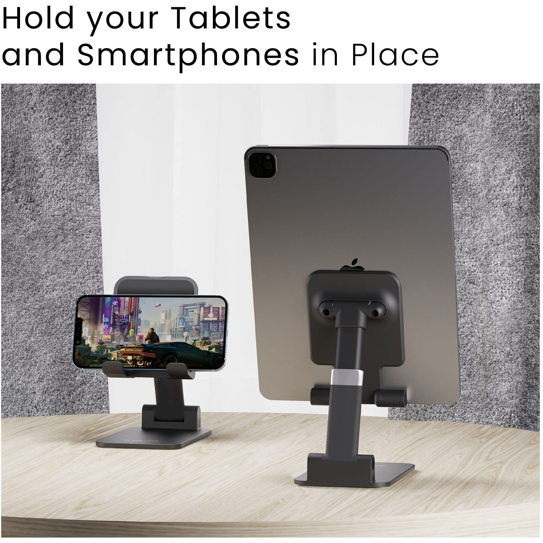 Ambrane Tablet & Mobile Holder for All Smartphones, Tabs, Kindle, iPad Mobile Holding Tabletop Stand, Height Adjustment, Foldable Design, Multipurpose, Anti-Skid Design (Twistand +, Black)