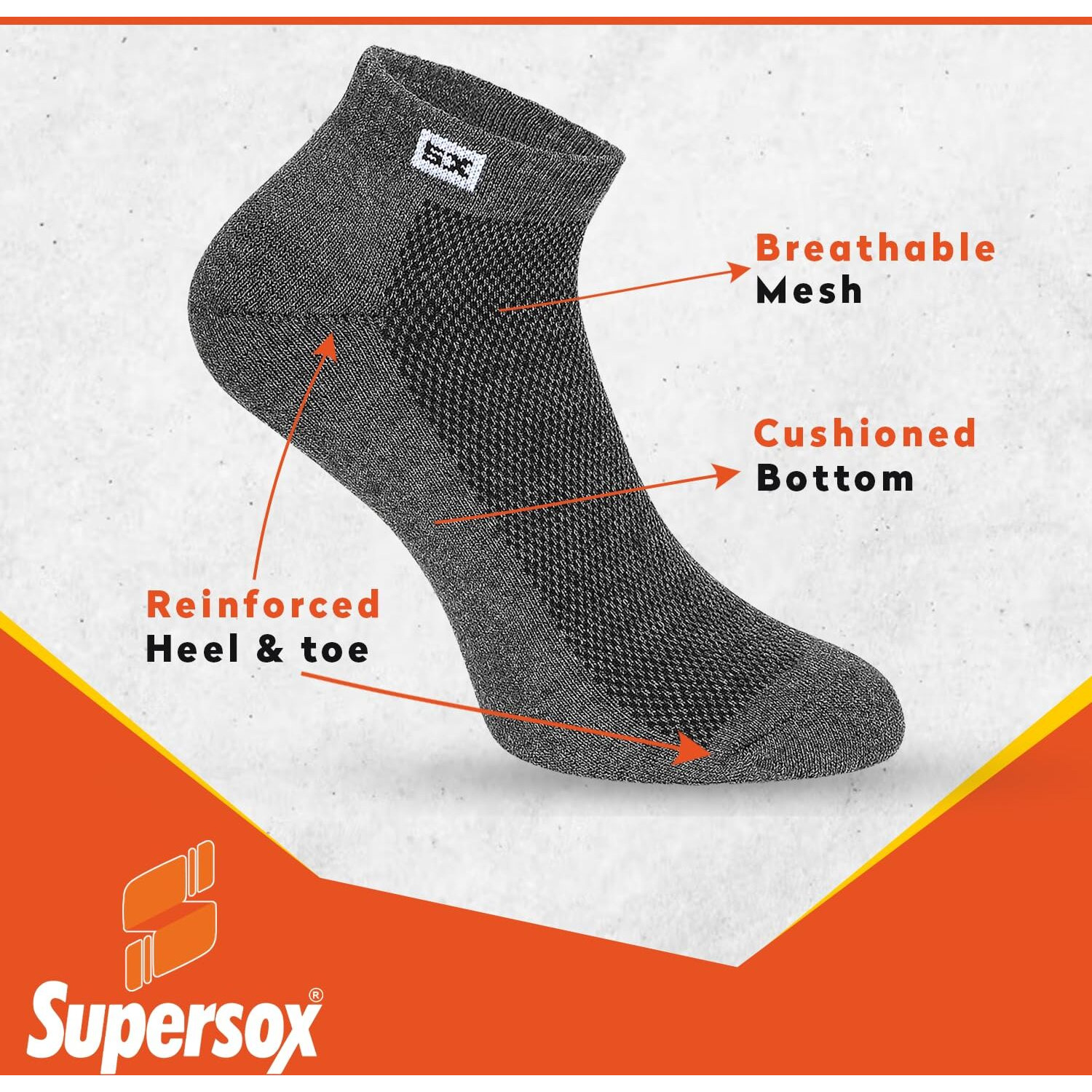 Supersox Cotton Men's 3 Pairs Sports Ankle Length Socks - Half Terry Cushioned, Anti Odour & Anti Bacterial For Sneaker & Running Workout - Free Size, Pack Of 3 (Multicolored)