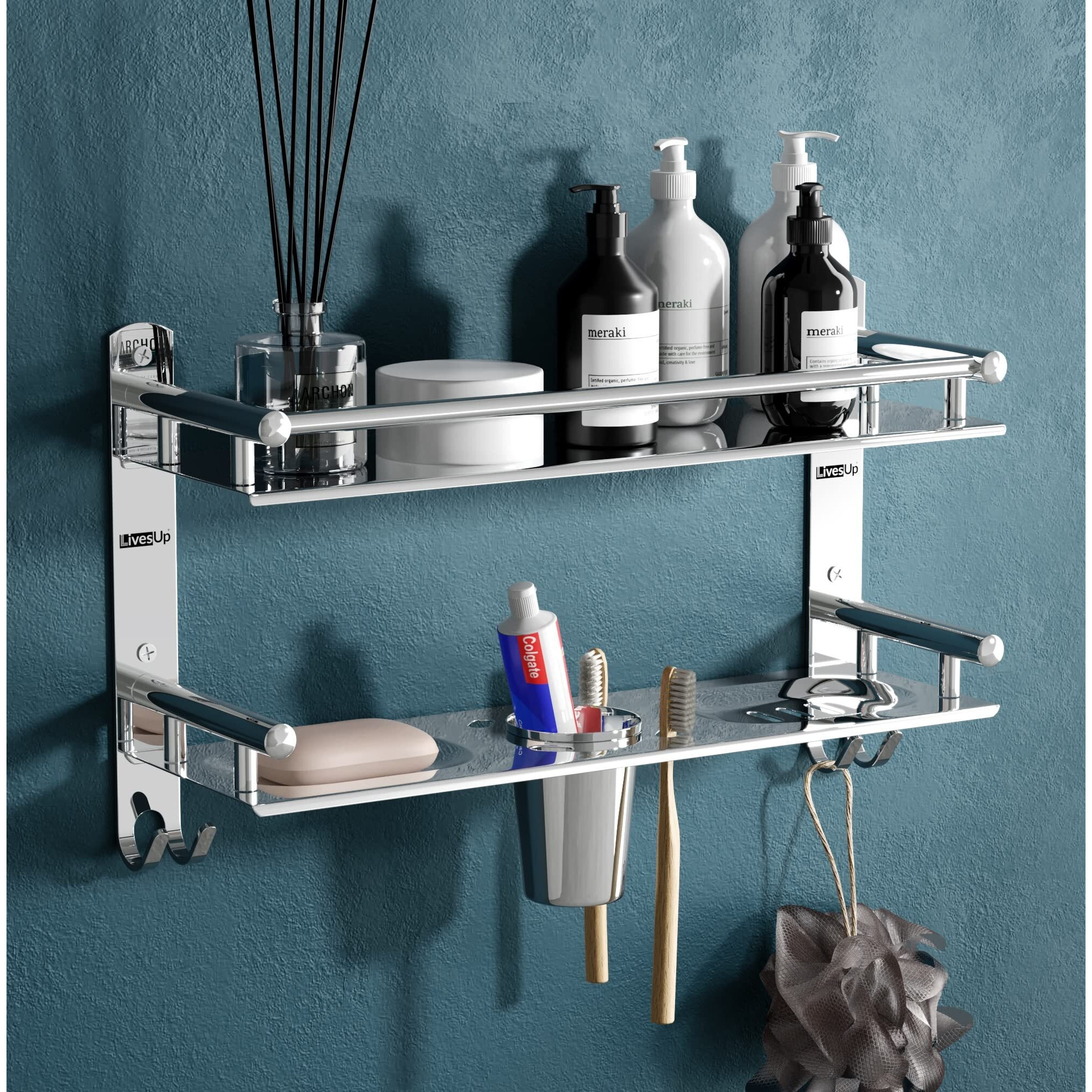 Livesup Stainless Steel Multi-Use Rack, Bathroom Shelf, Soap Stand/Tumbler Holder/Toothbrush Holder/Bathroom Stand/Bathroom Rack/Bathroom Accessories (Number Of Shelves - 2, Silver)