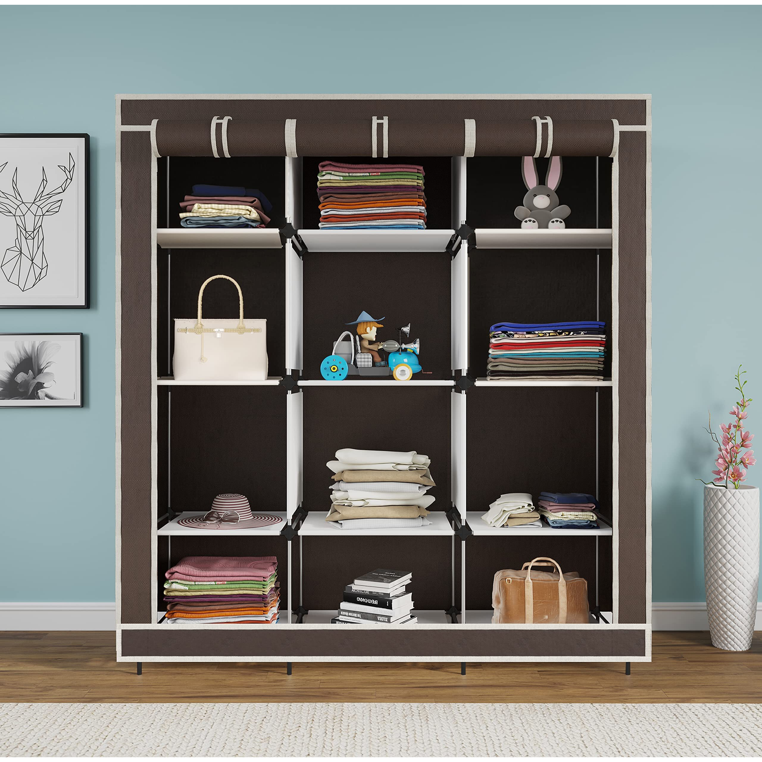 Maison & Cuisine 12 Layer Collapsible Portable Foldable Wardrobe Storage Organizer Shelves For Clothes Racks Fabric Almirah Non Rustable Iron Storage Unit (88250) (Brown)