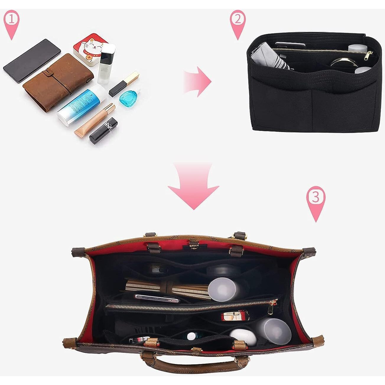 Greensheep Purse Organizer Insert For Handbags, Premium Felt Organizer With Zipper Pocket (Large, Black)