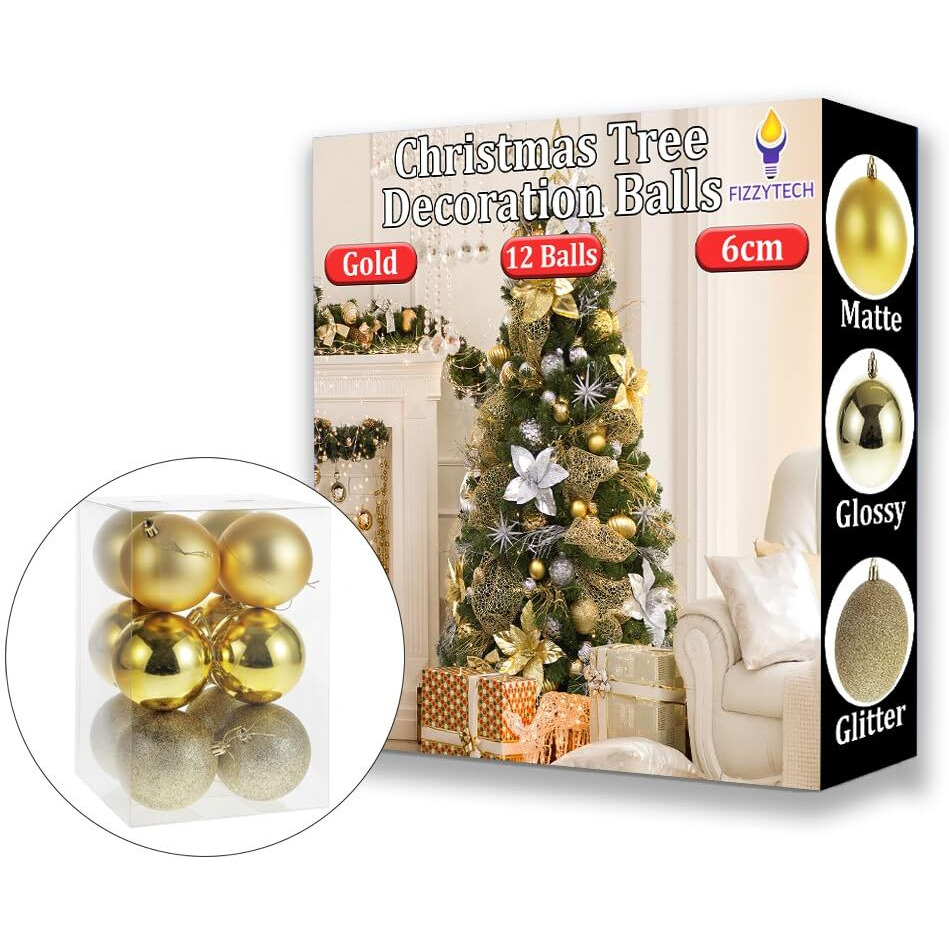 Fizzytech Shatterproof Christmas Balls Ornaments Pack Of 12 Pc Golden Hanging Balls Size 6Cm Perfect Xmas Tree Decorations (6Cm Gold)