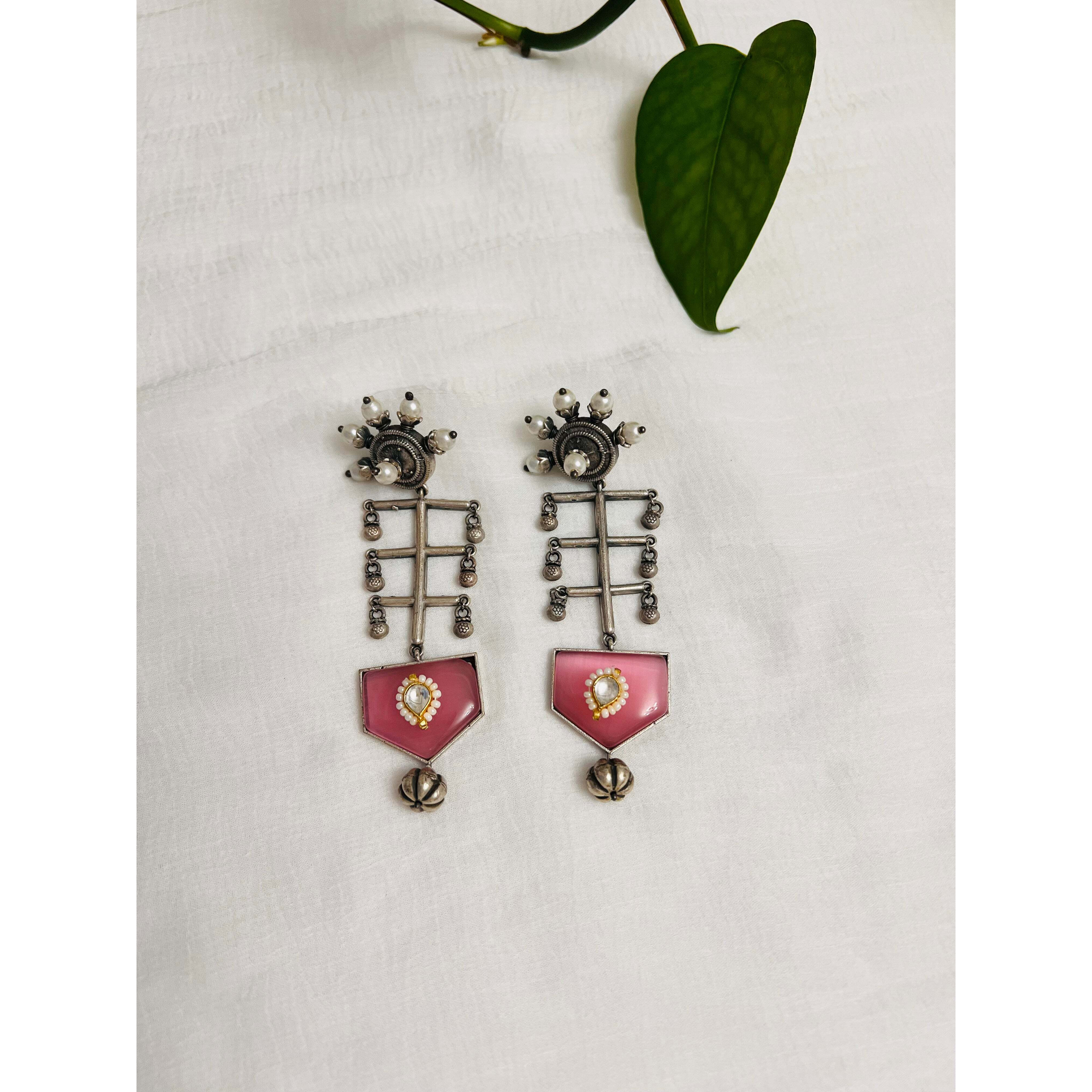 Silver oxidized dangle earring | Pink stone hanging earring | Indian jeelry