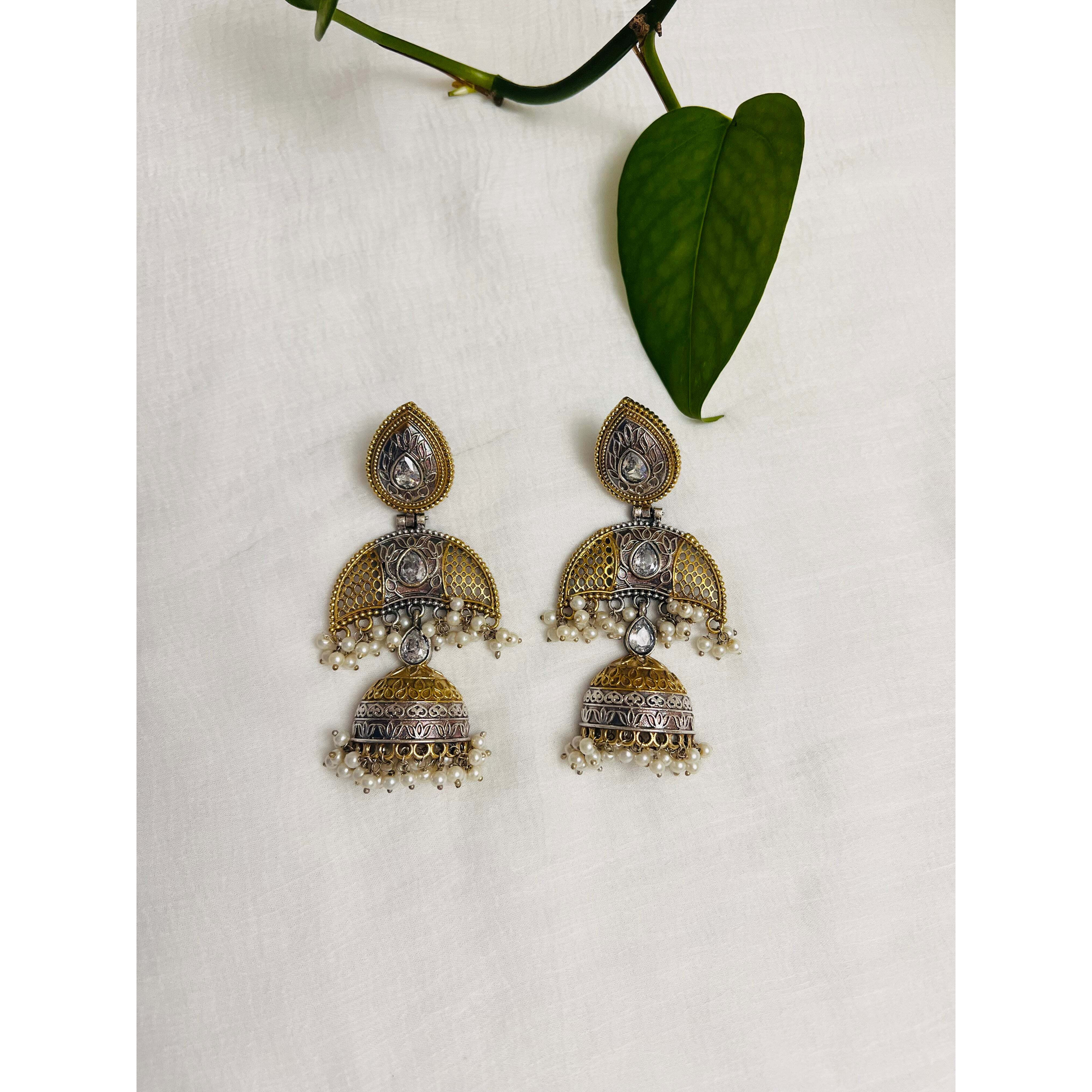 Dual tone Jhumkas | Silver and golden long earring with diamond | Indian jewelry