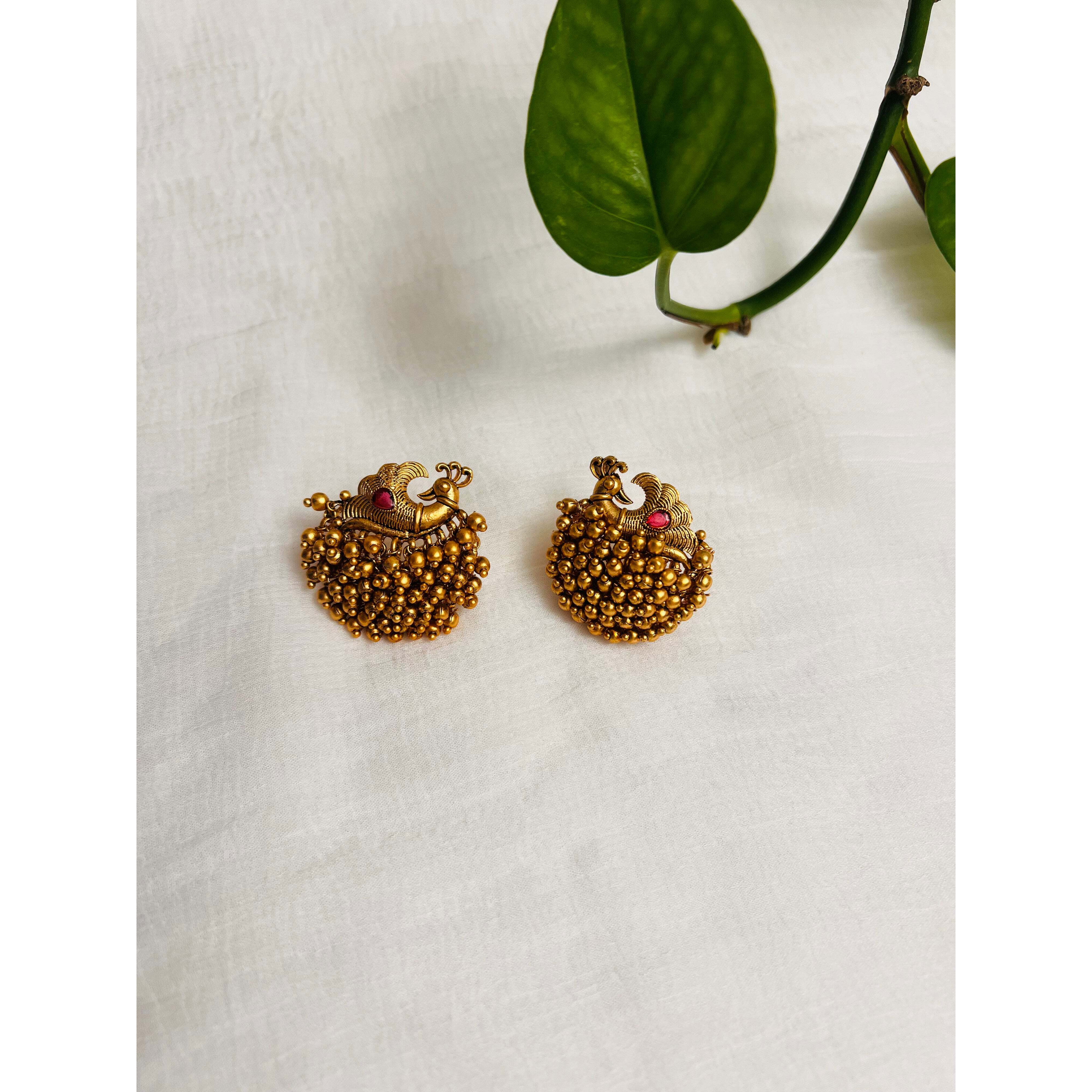 Golden beads antique studs with matte finish | Indian golden earring | Peacock design earring