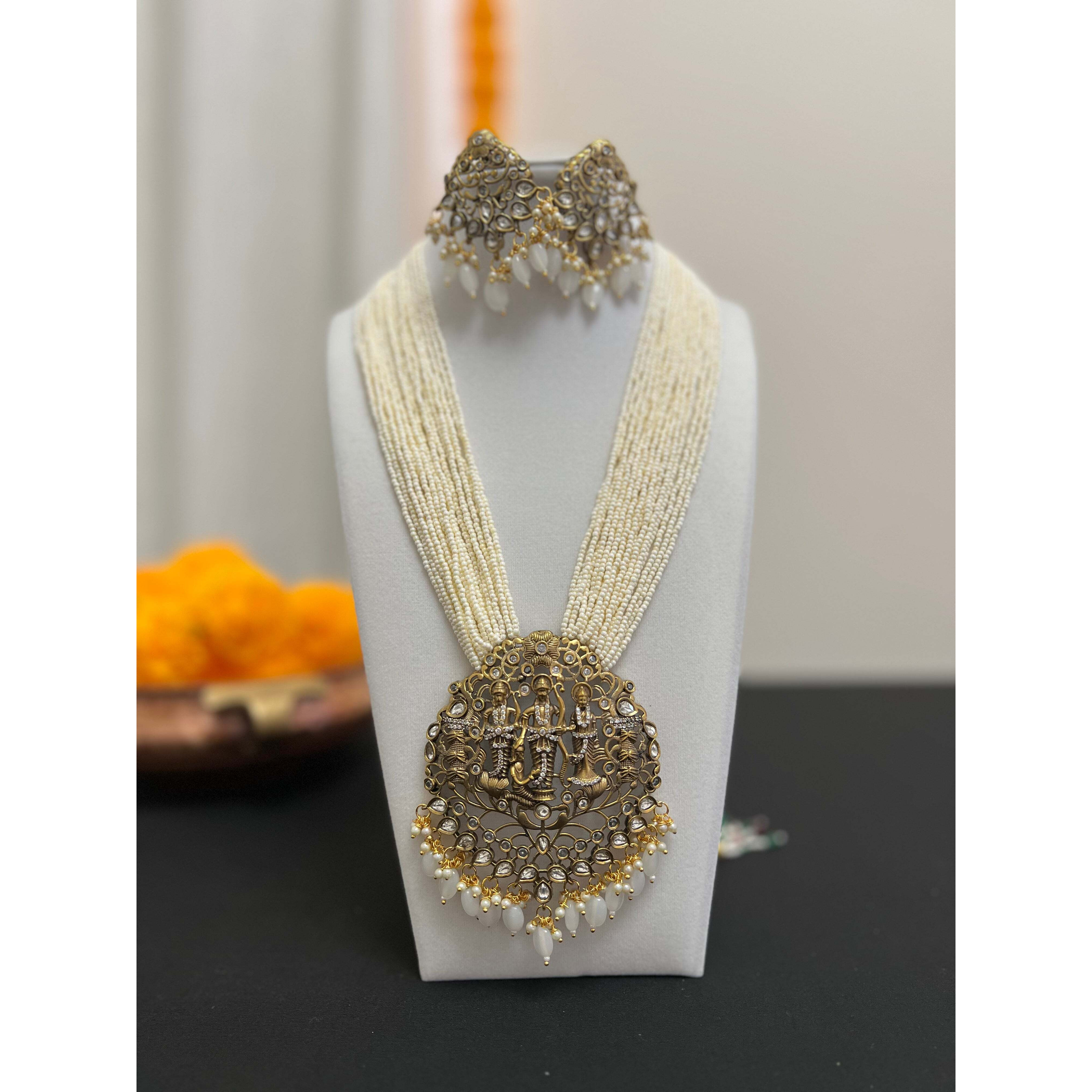 Shri Ram darbar moti mala | Beads stranded necklace and earring victorian finish | Long mala multilayered hite beads necklace