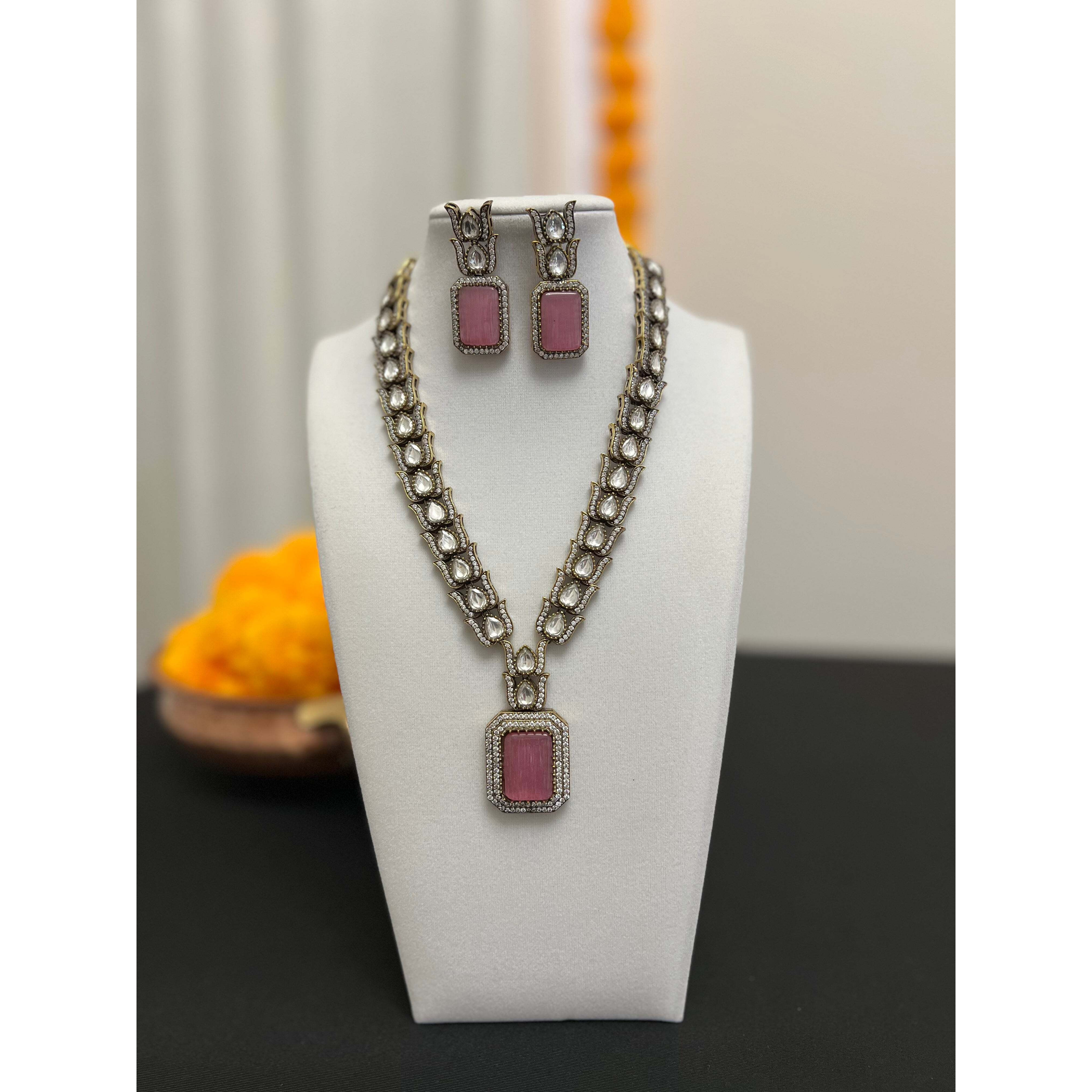 Pink stone moisssanite necklace set | Victorian finish fusion necklace earring set