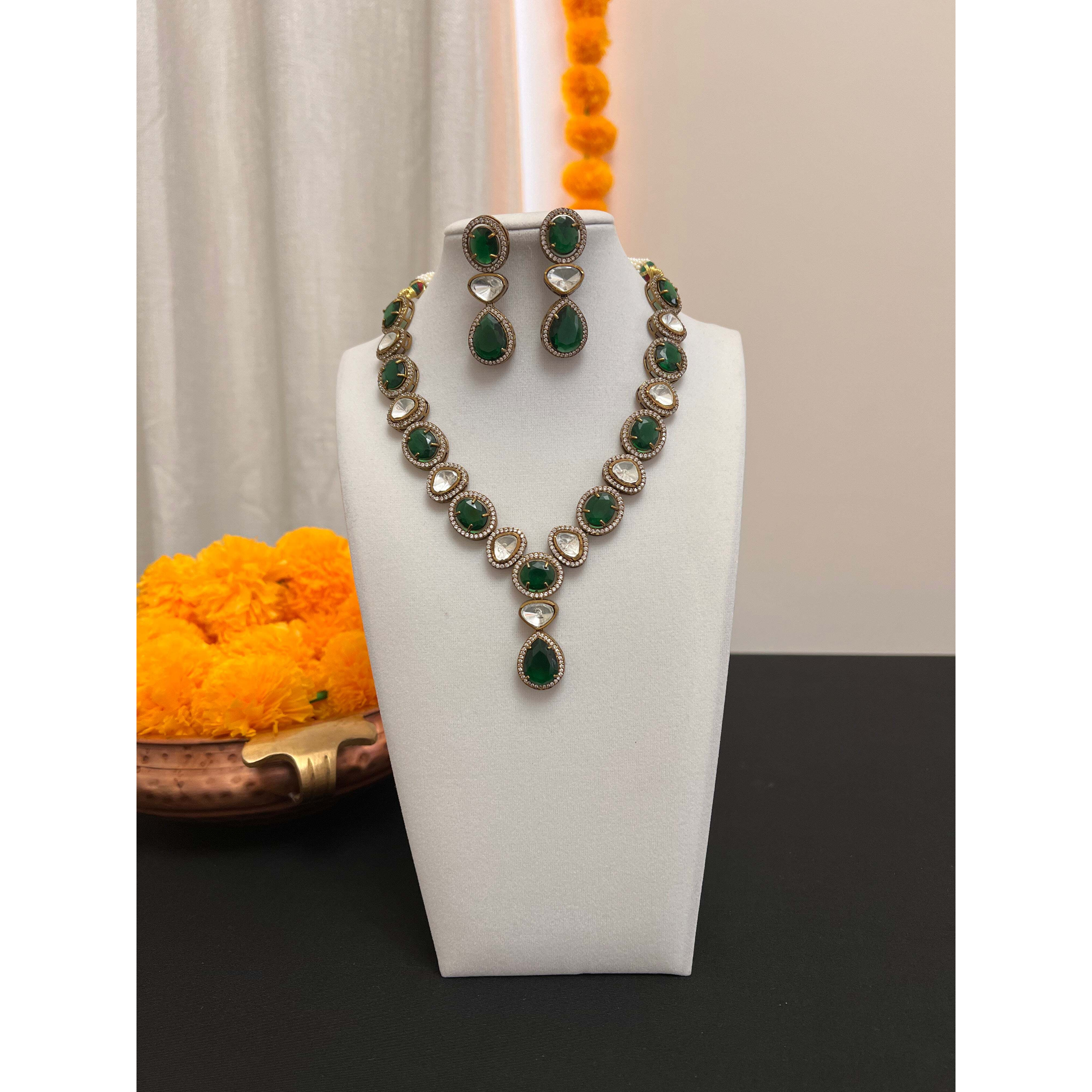 Moissanite fusion necklace set | Victorian finish polki and green stone necklace earring set | Y-shaped necklace