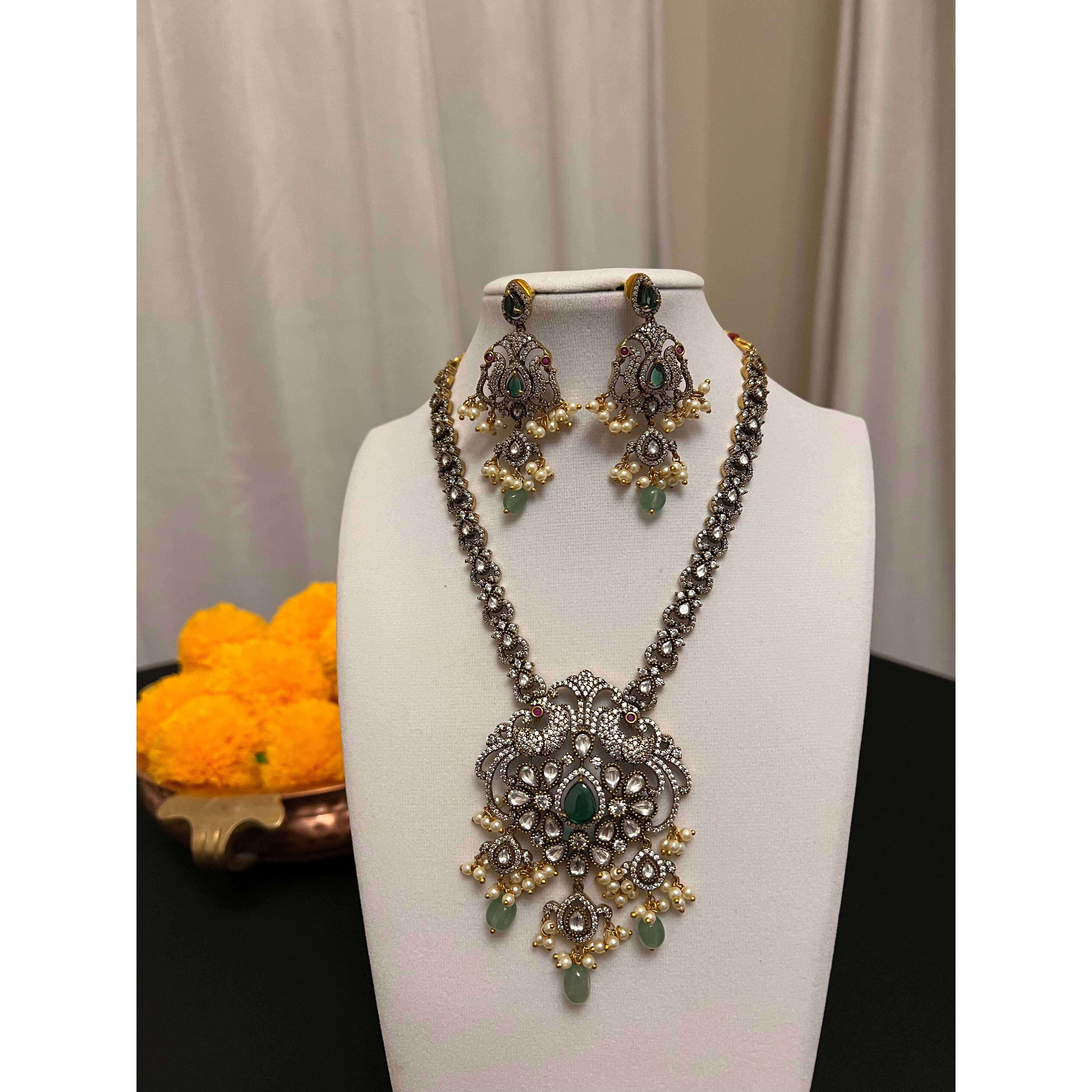 Moissanite necklace set ith victorian finish | peacock necklace set | green stone necklace