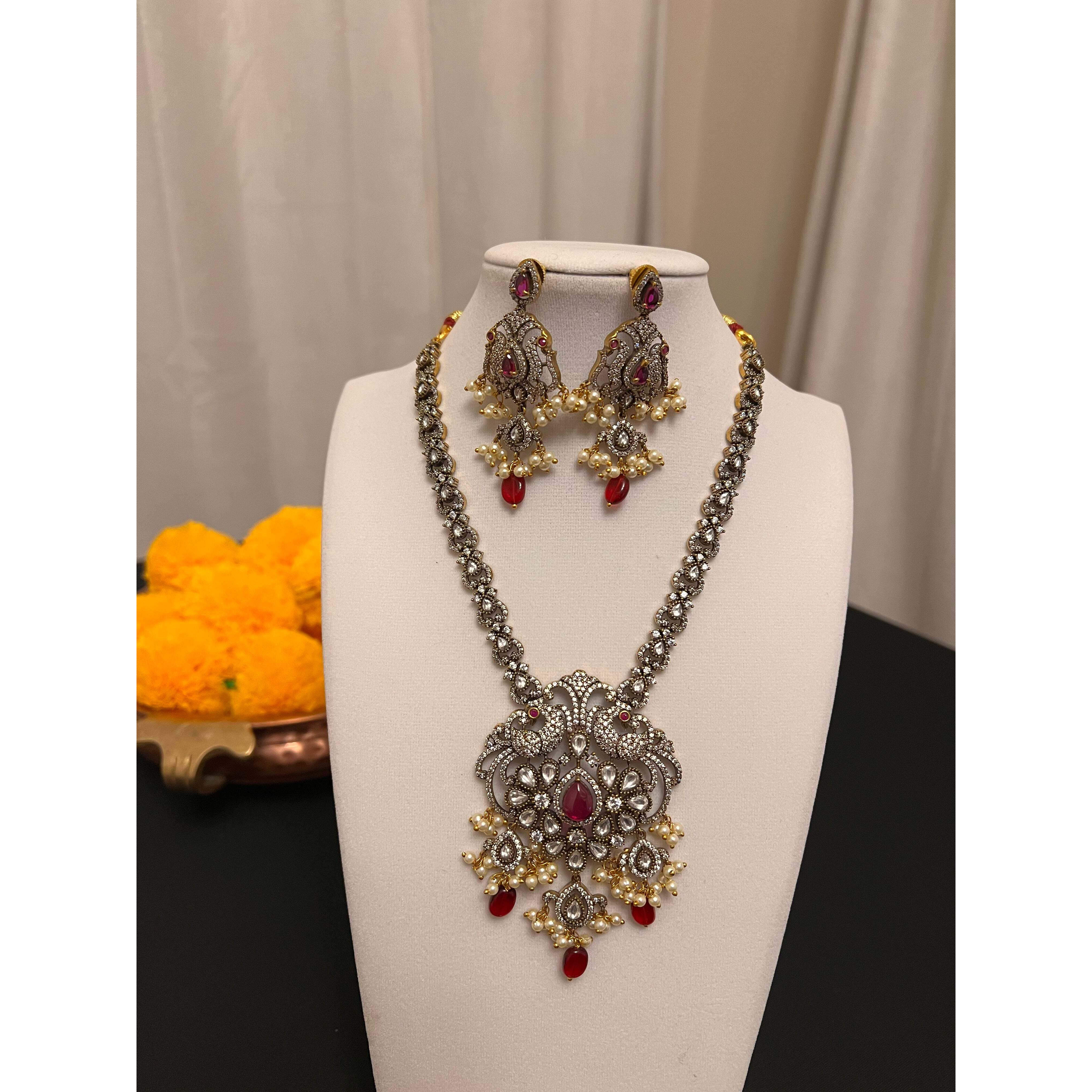 Moissanite necklace set ith victorian finish | Red stone peacock necklace set