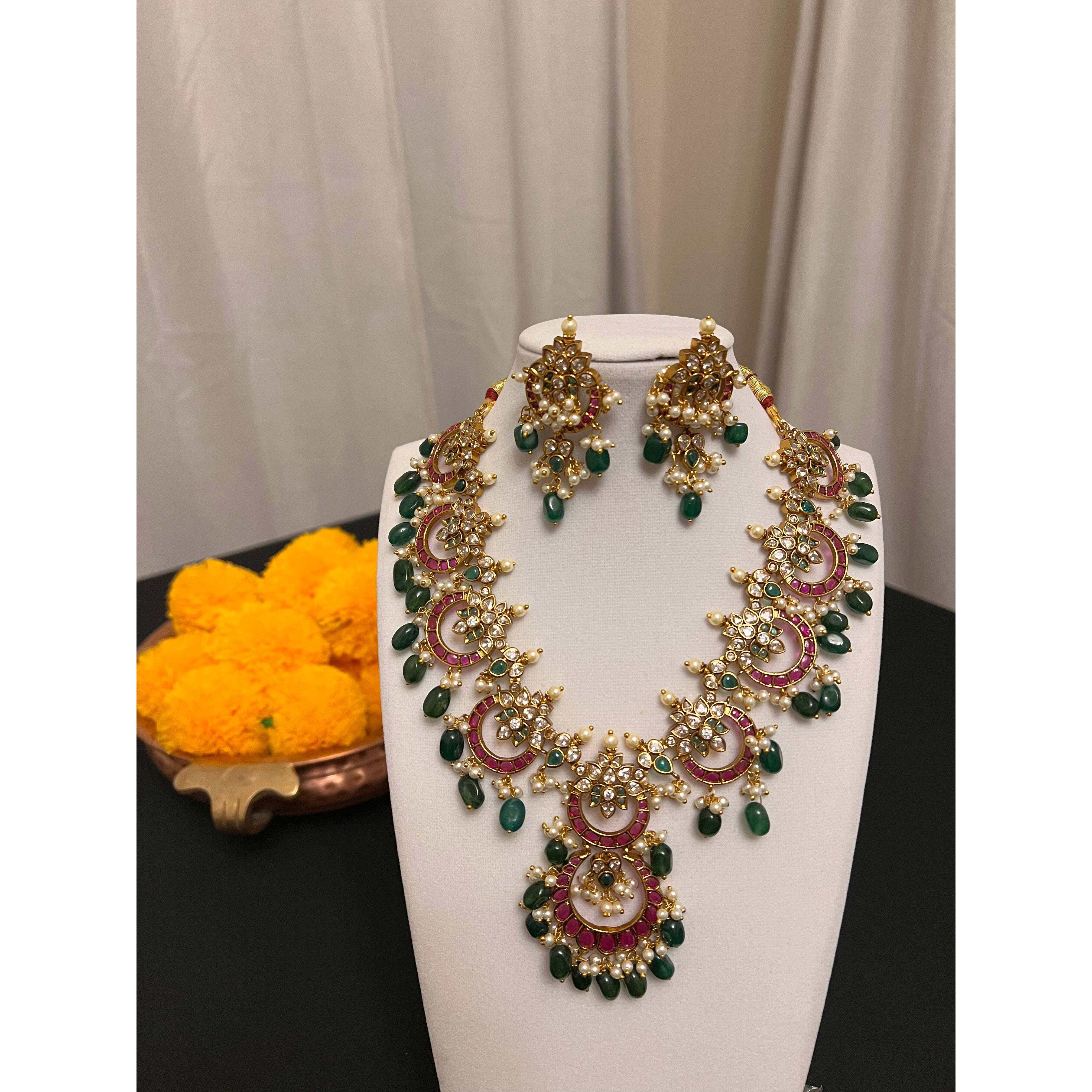 Jadau kundan necklace earring set | Chandbali design necklace set ith victorian finish | Green and pink stone