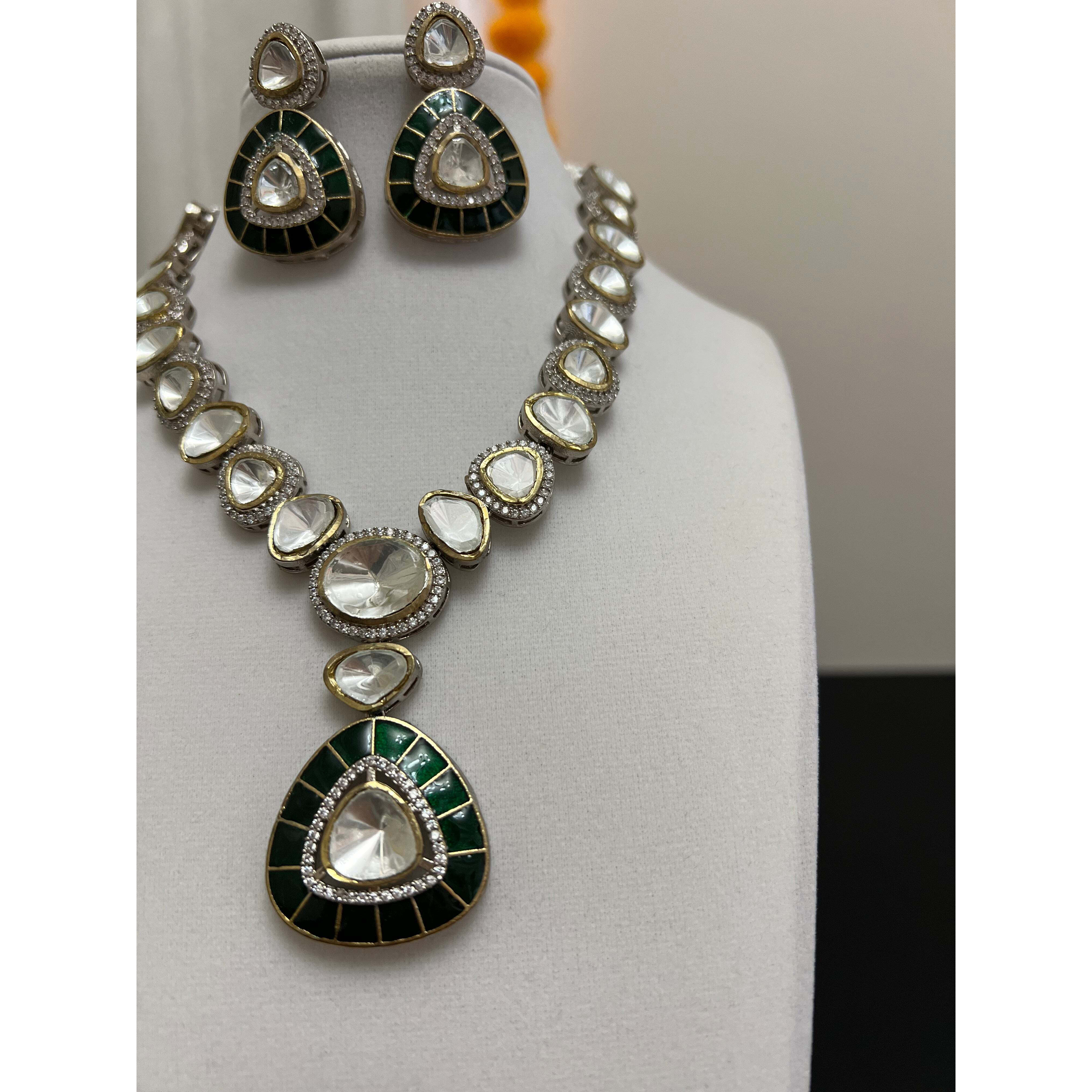 Pachi kundan green pendant and earring | Moissanite necklace set ith victorian finish