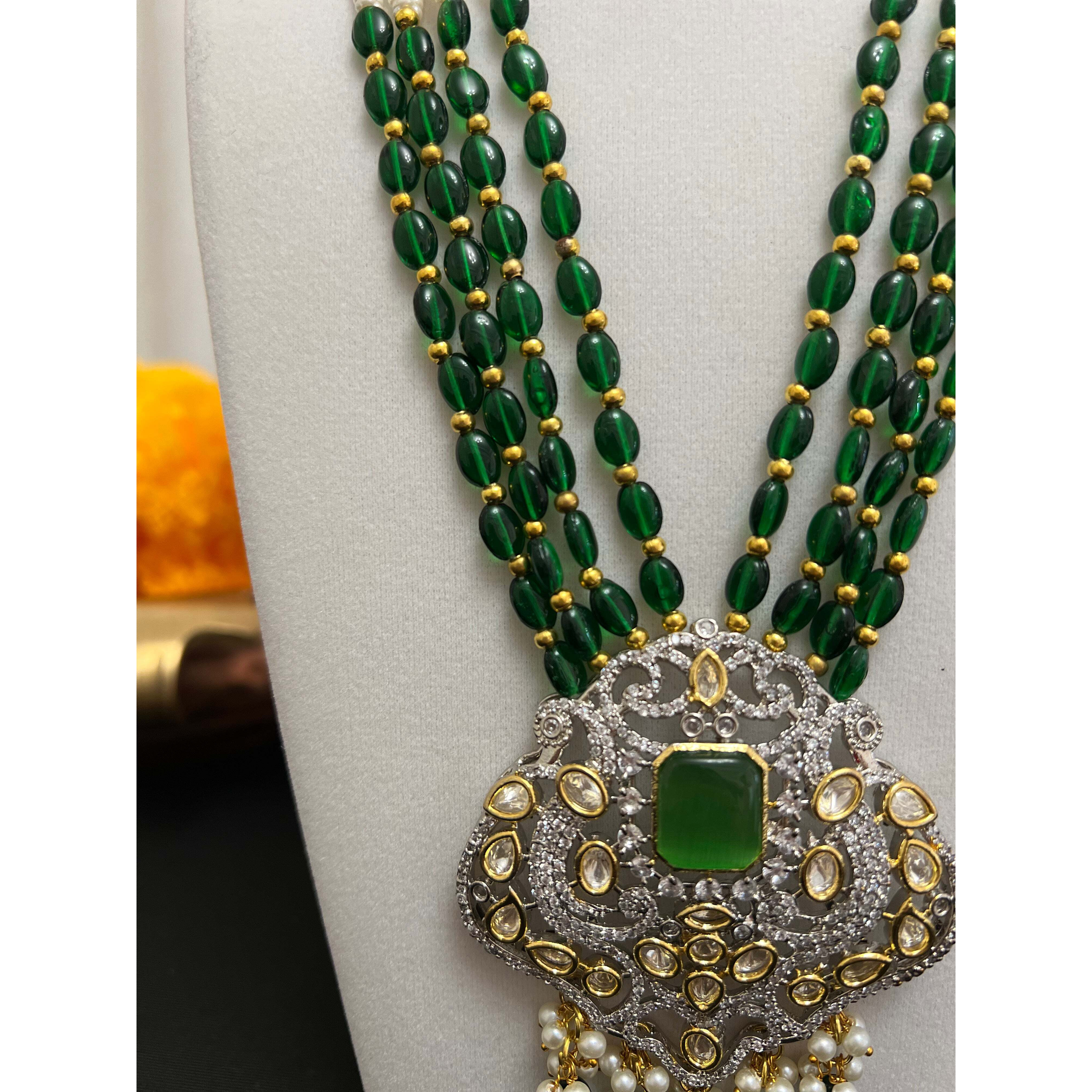 Beads multilayered necklace set | Green statement pendant necklace earring set | Green beads strand