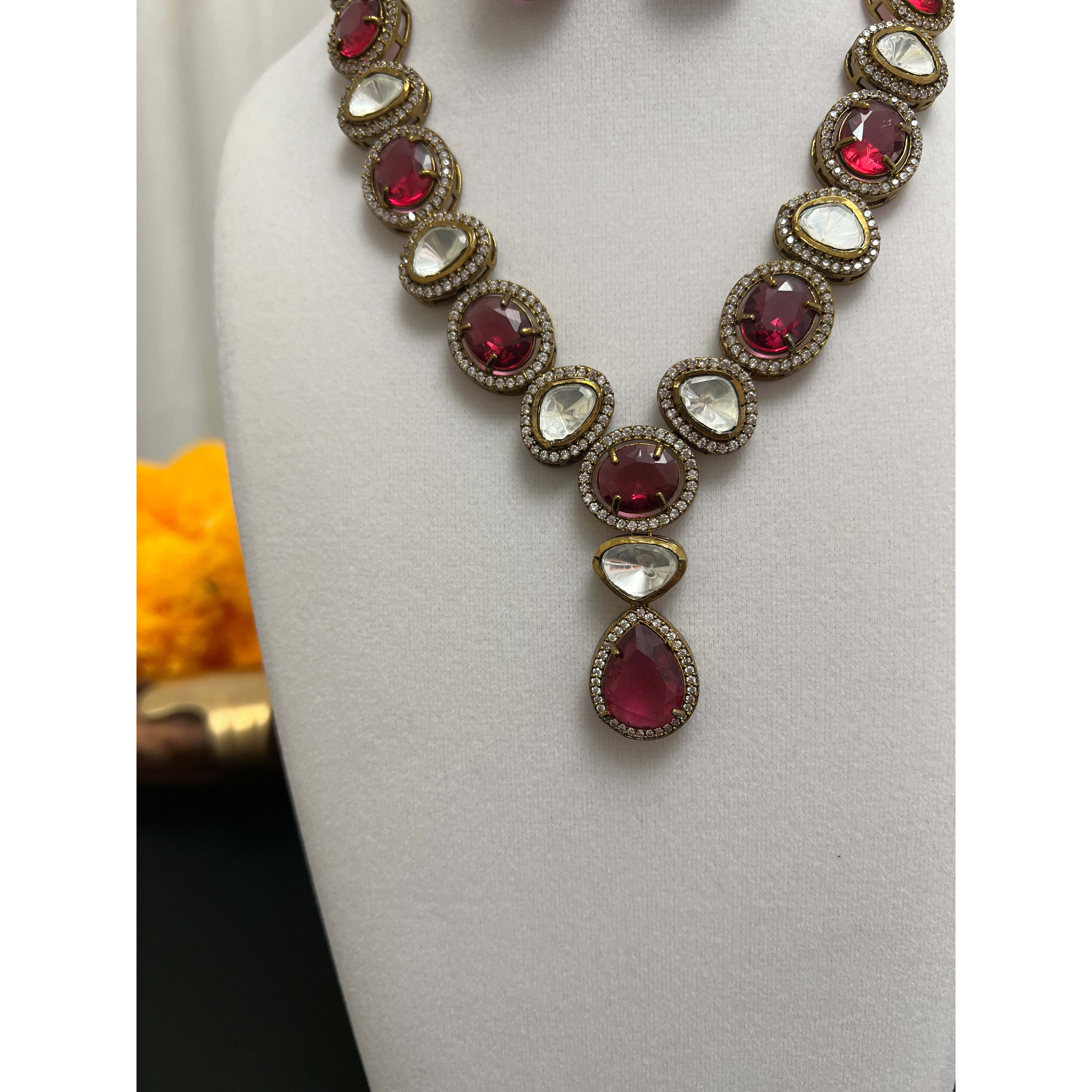 Moissanite fusion necklace set | Victorian finish polki and red stone necklace earring set | Y-shaped necklace