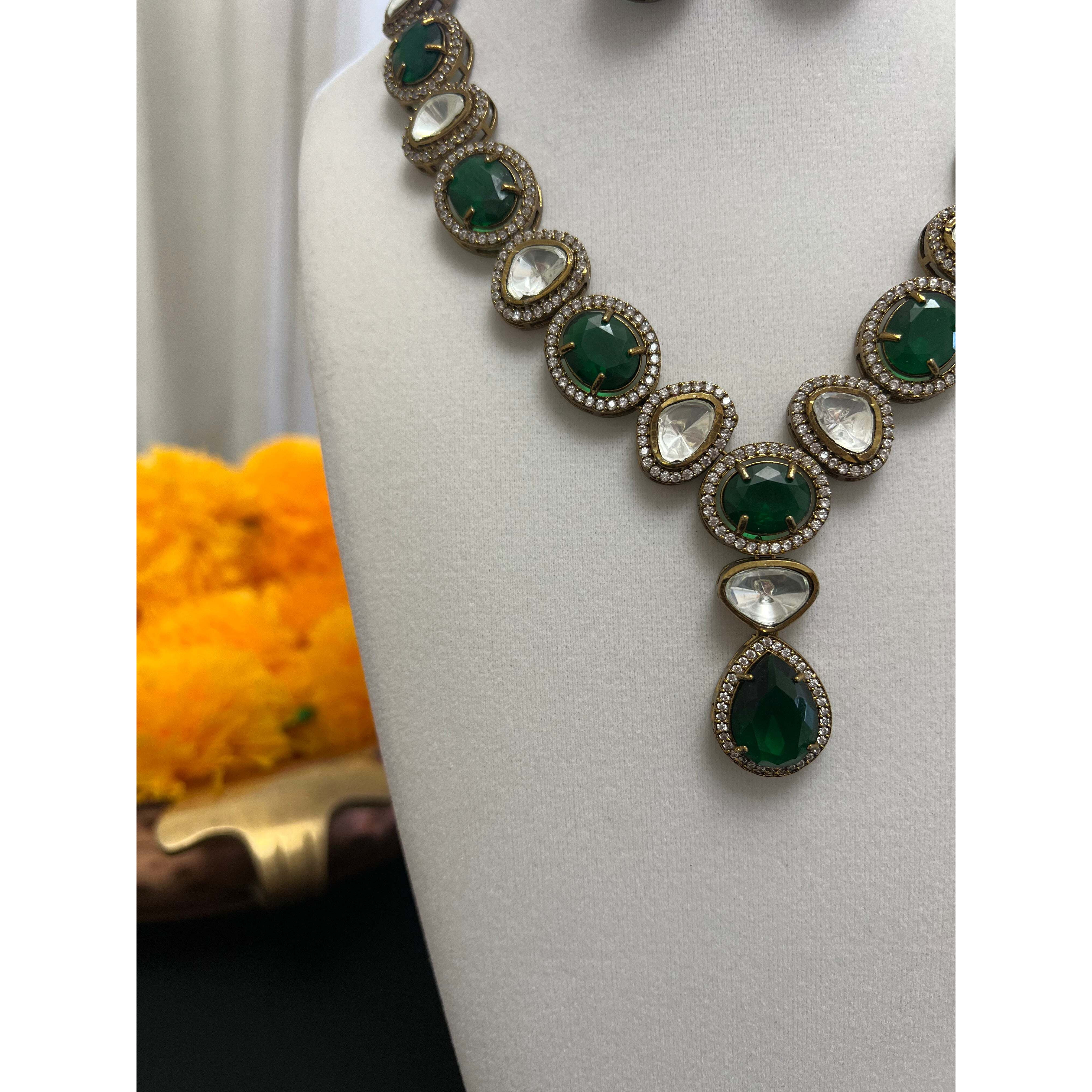 Moissanite fusion necklace set | Victorian finish polki and green stone necklace earring set | Y-shaped necklace