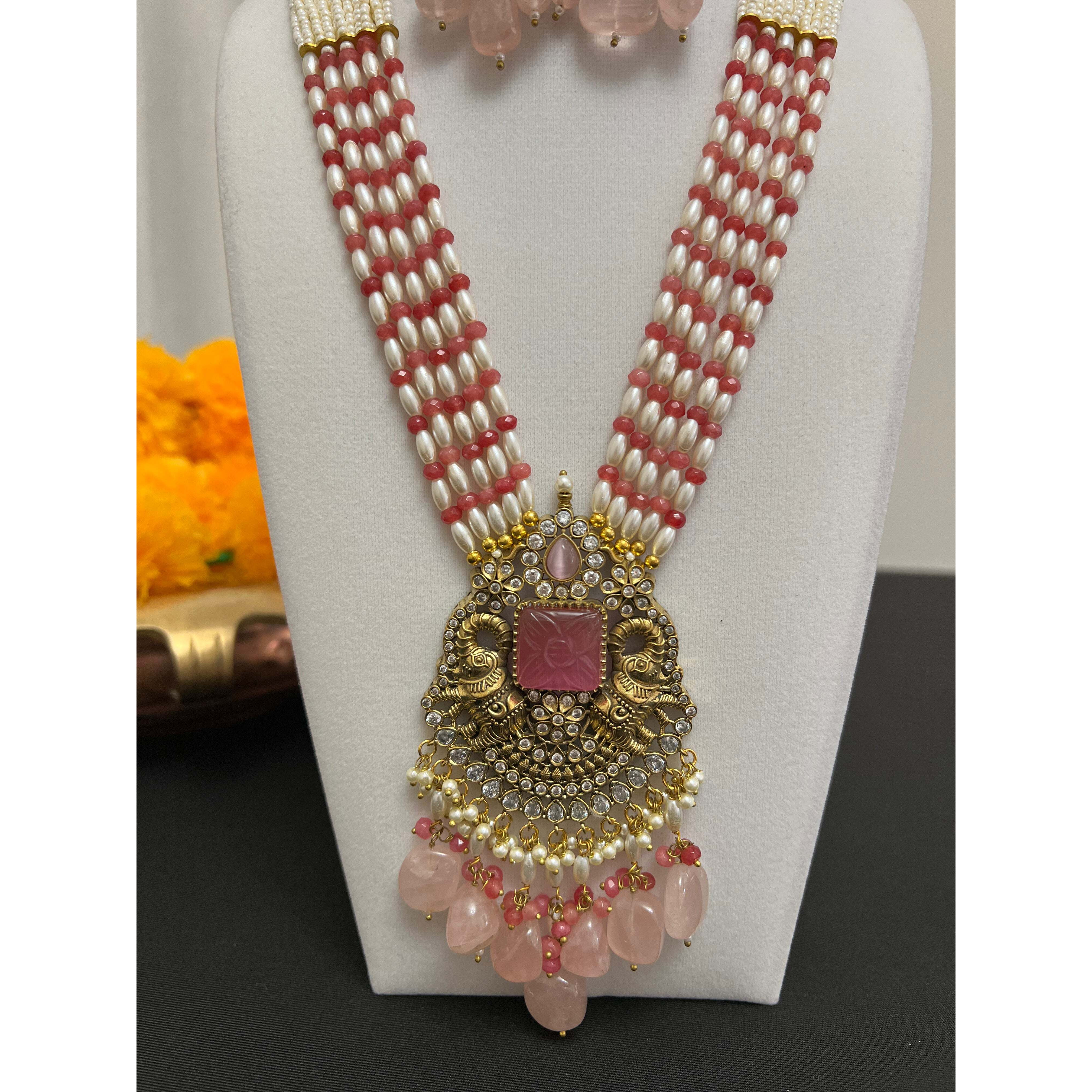 Beads stranded necklace earring set | Rani haar necklace set | Long mala necklace | Antique big stone pendant and earring | Multilayered pink beads necklace