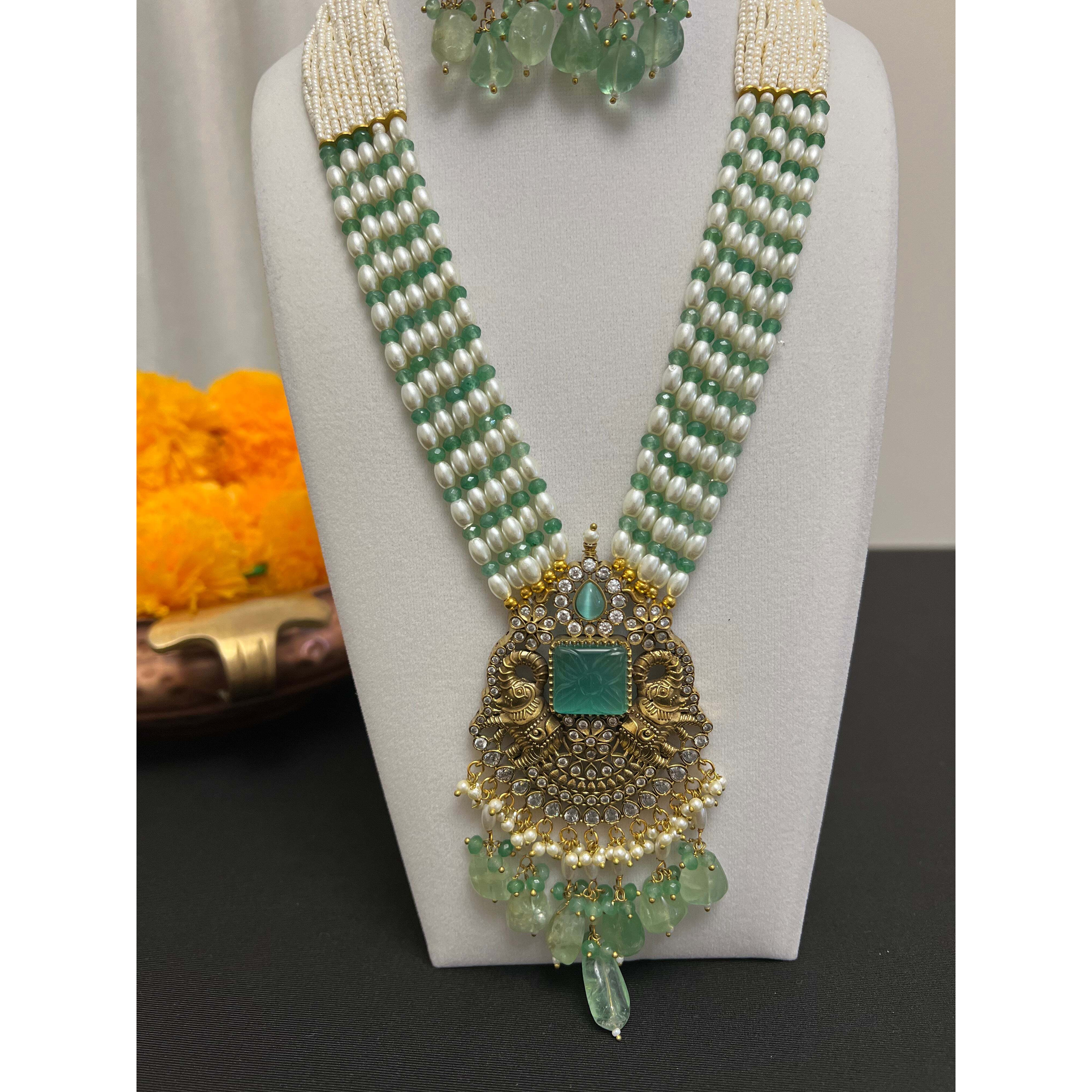 Beads stranded necklace earring set | Rani haar necklace set | Long mala necklace | Antique big stone pendant and earring | Multilayered green beads necklace