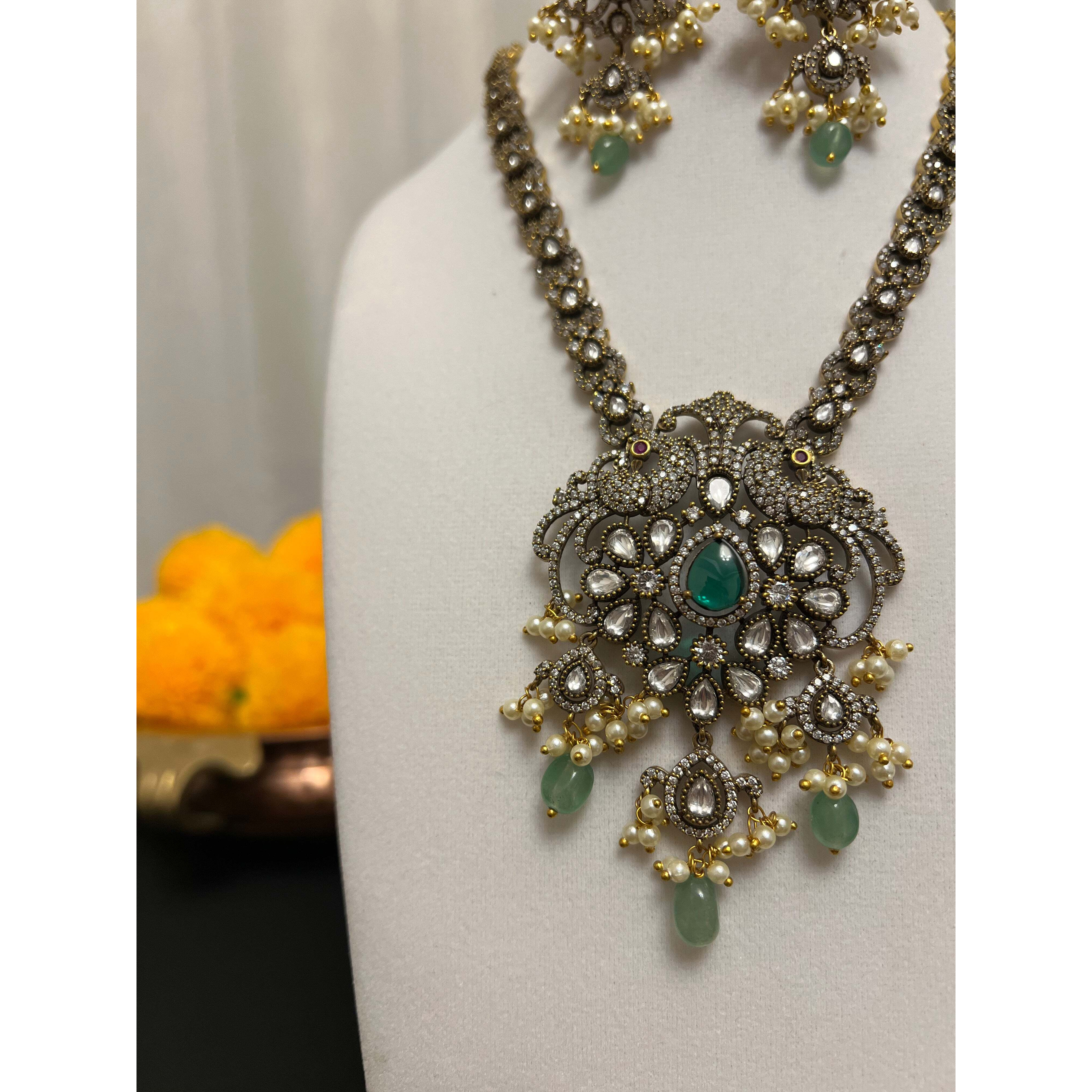 Moissanite necklace set ith victorian finish | peacock necklace set | green stone necklace