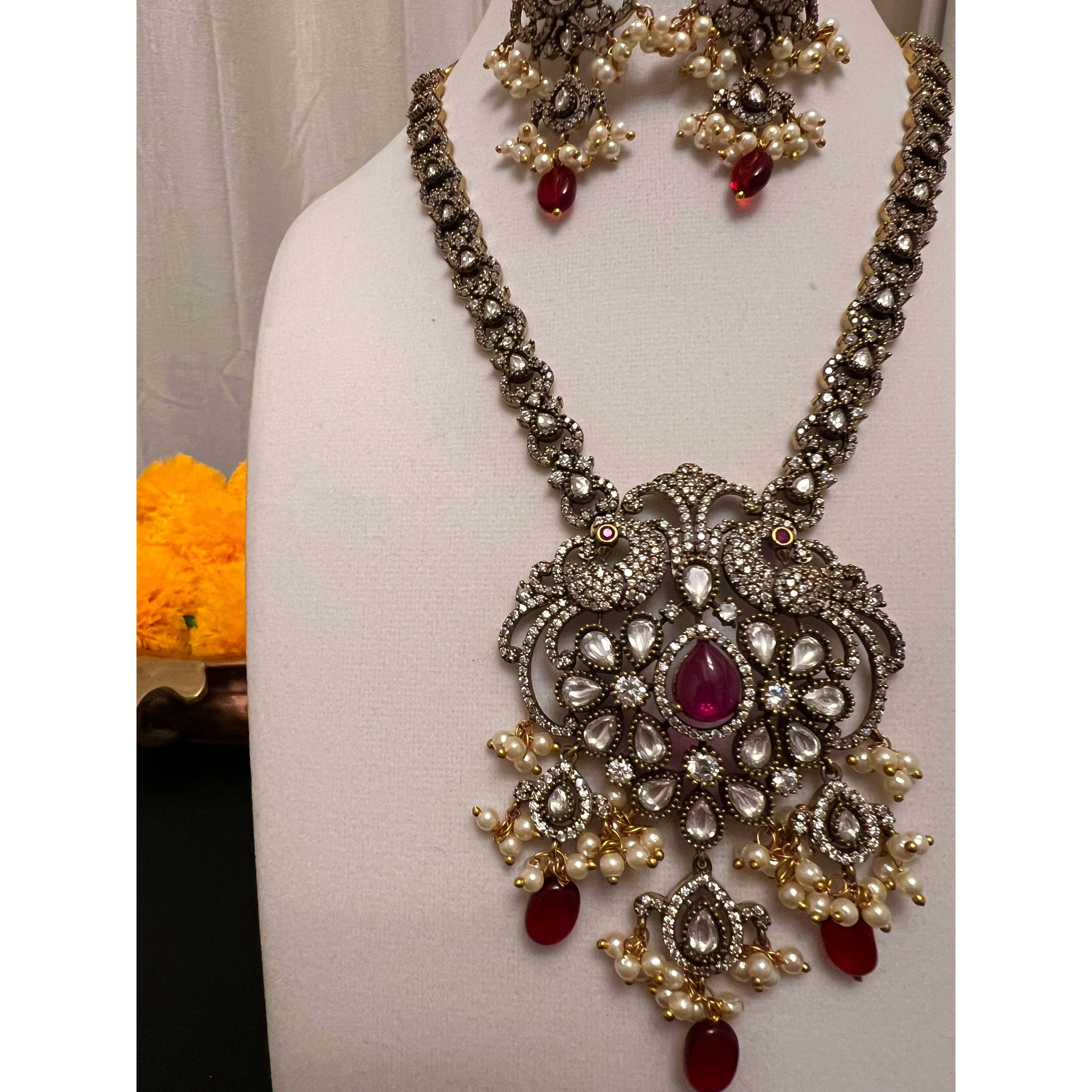 Moissanite necklace set ith victorian finish | Red stone peacock necklace set