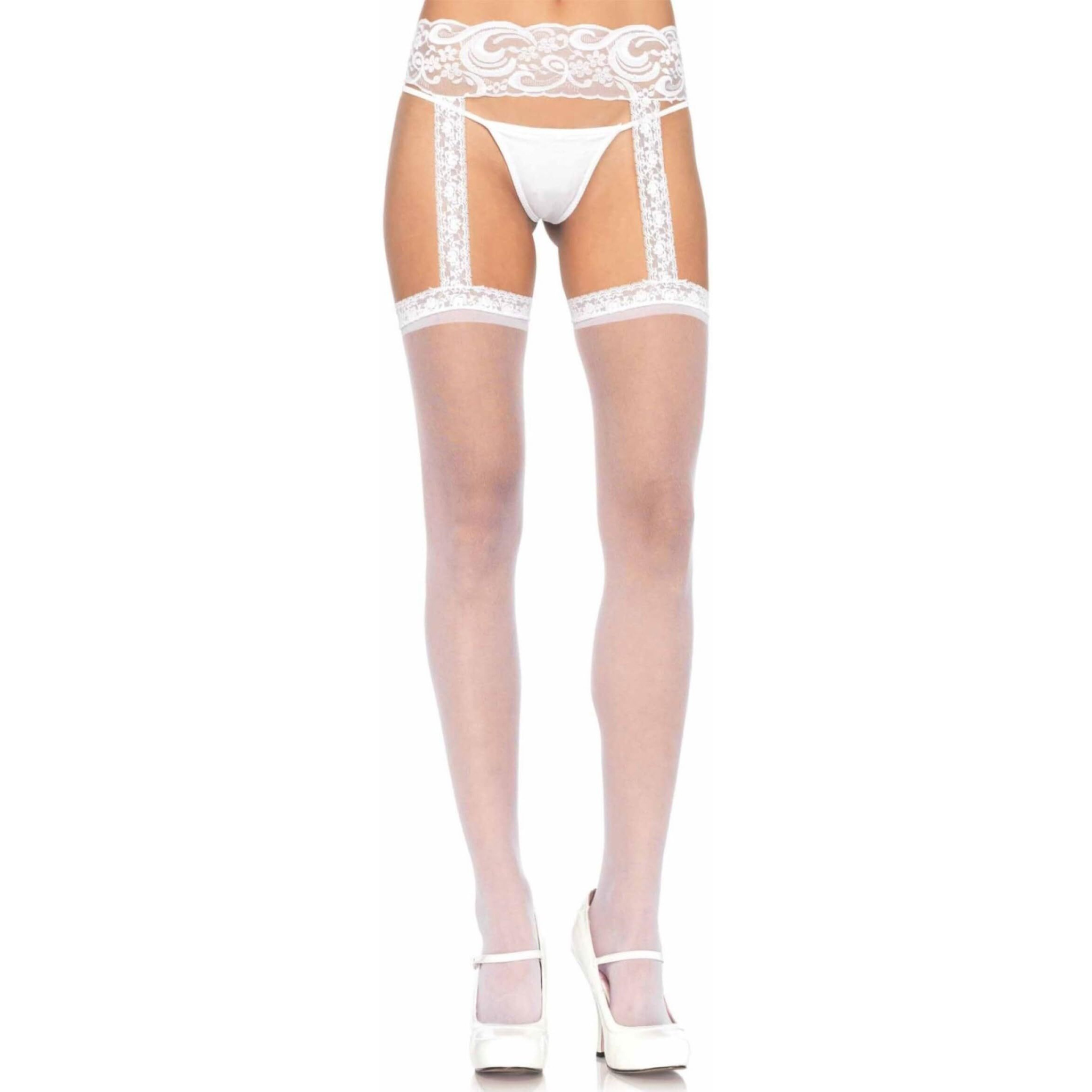 Leg Avenue Women's Sheer Stockings with Attached Garter Belt, White, One Size