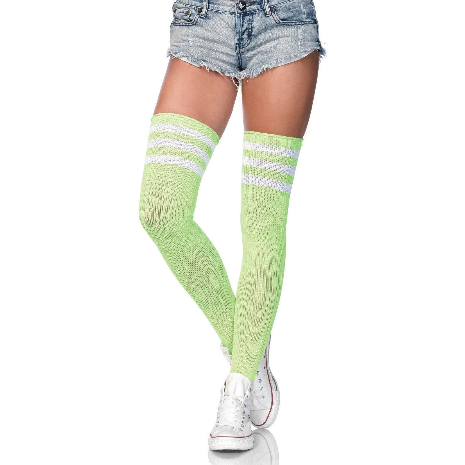 Leg Avenue Women's Three Stripes Athletic Ribbed Thigh High Socks, NEON Green, One Size