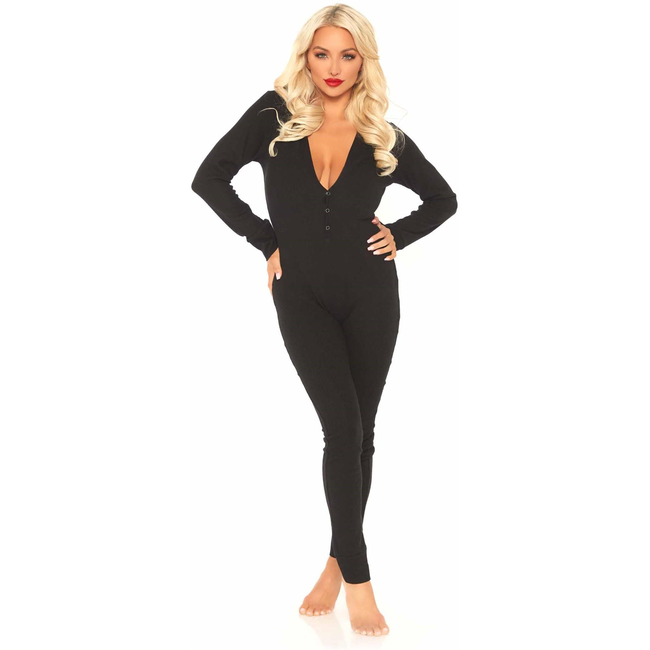 Leg Avenue Women's Cozy Brushed Ribbed Jersey Adult Onesie with Cheeky Back Flap, Black, X-Large