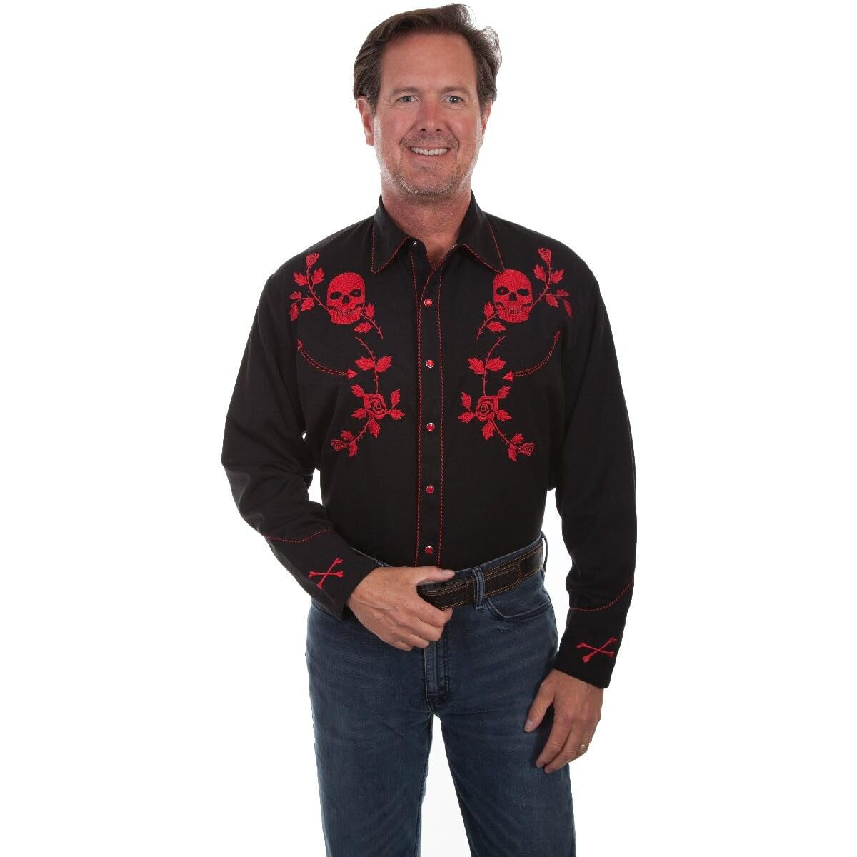 Scully Skulls and Roses Embroidered Snap Front Shirt P771 RED ***, Red, X-Large