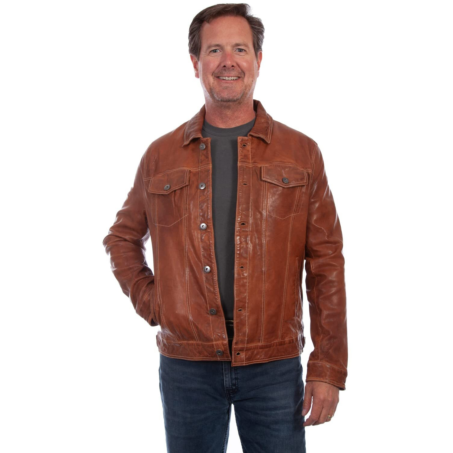 Scully Men's Leather Button-Front Trucker Jacket Tan 4X