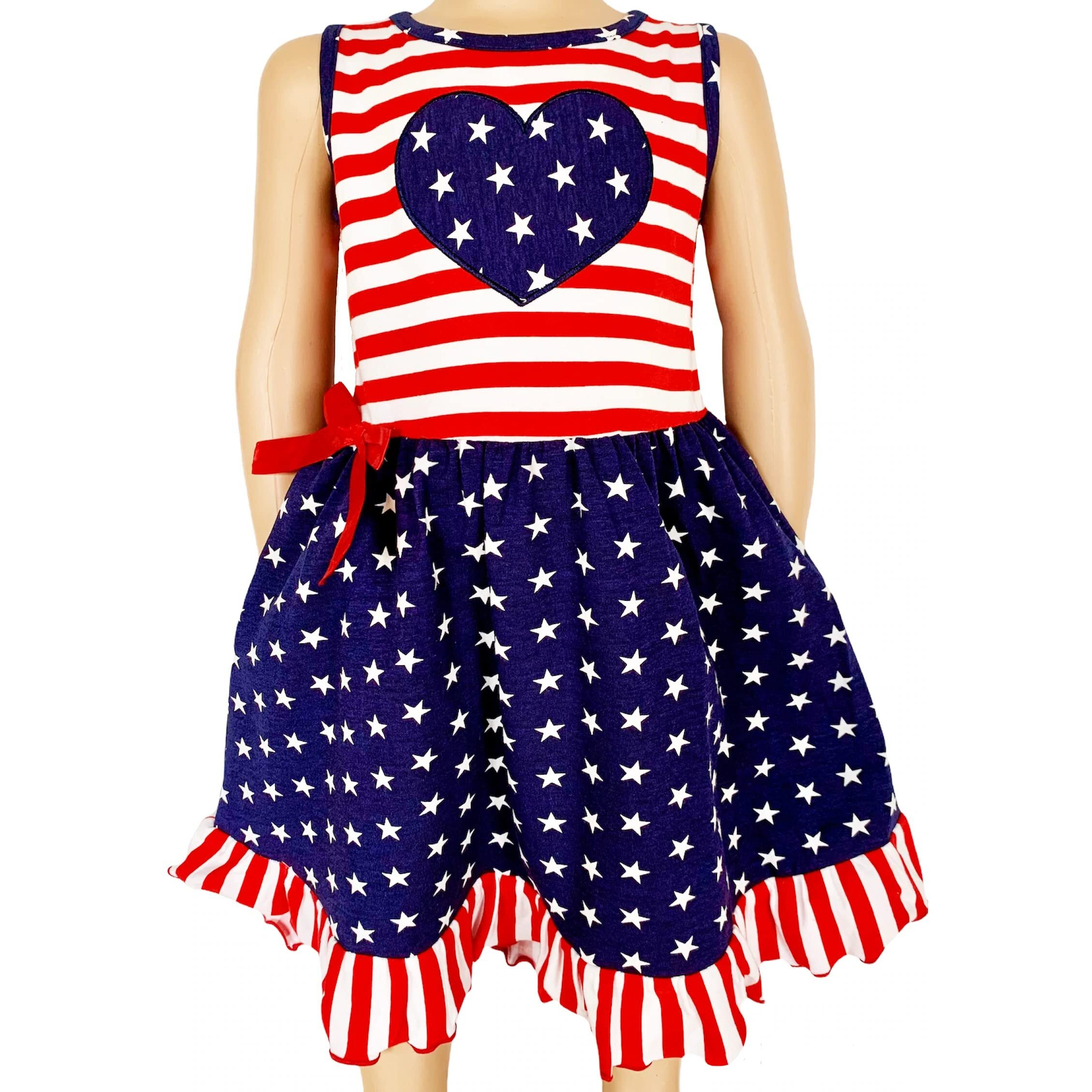 AnnLoren Girls' 4th of July Stars & Striped Heart Dress Red White & Blue 6-6X