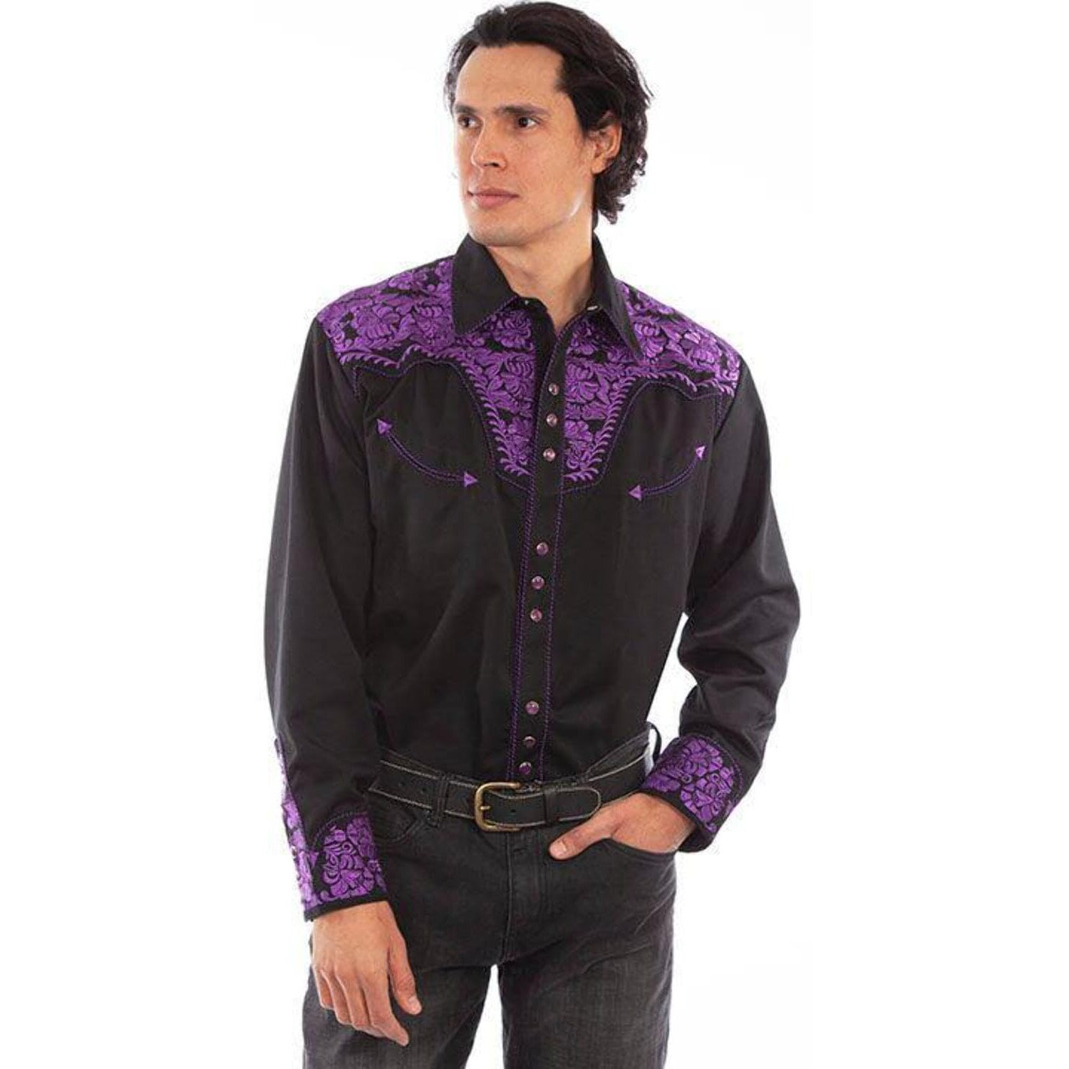 Scully Mens Purple Poly/Rayon Floral Tooled L/S Shirt L