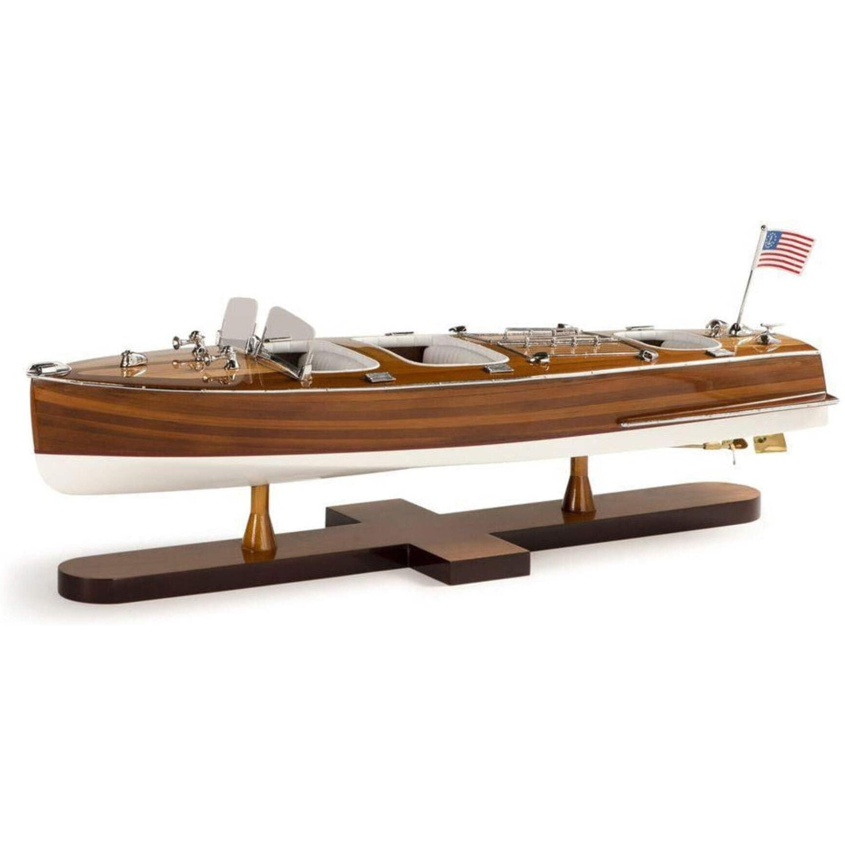 Authentic Models Triple Cockpit Model Boat Vintage Wooden Boat Decor for Home, Office, or Bookshelf - Mahogany Boat Nautical Decor for Antique Style