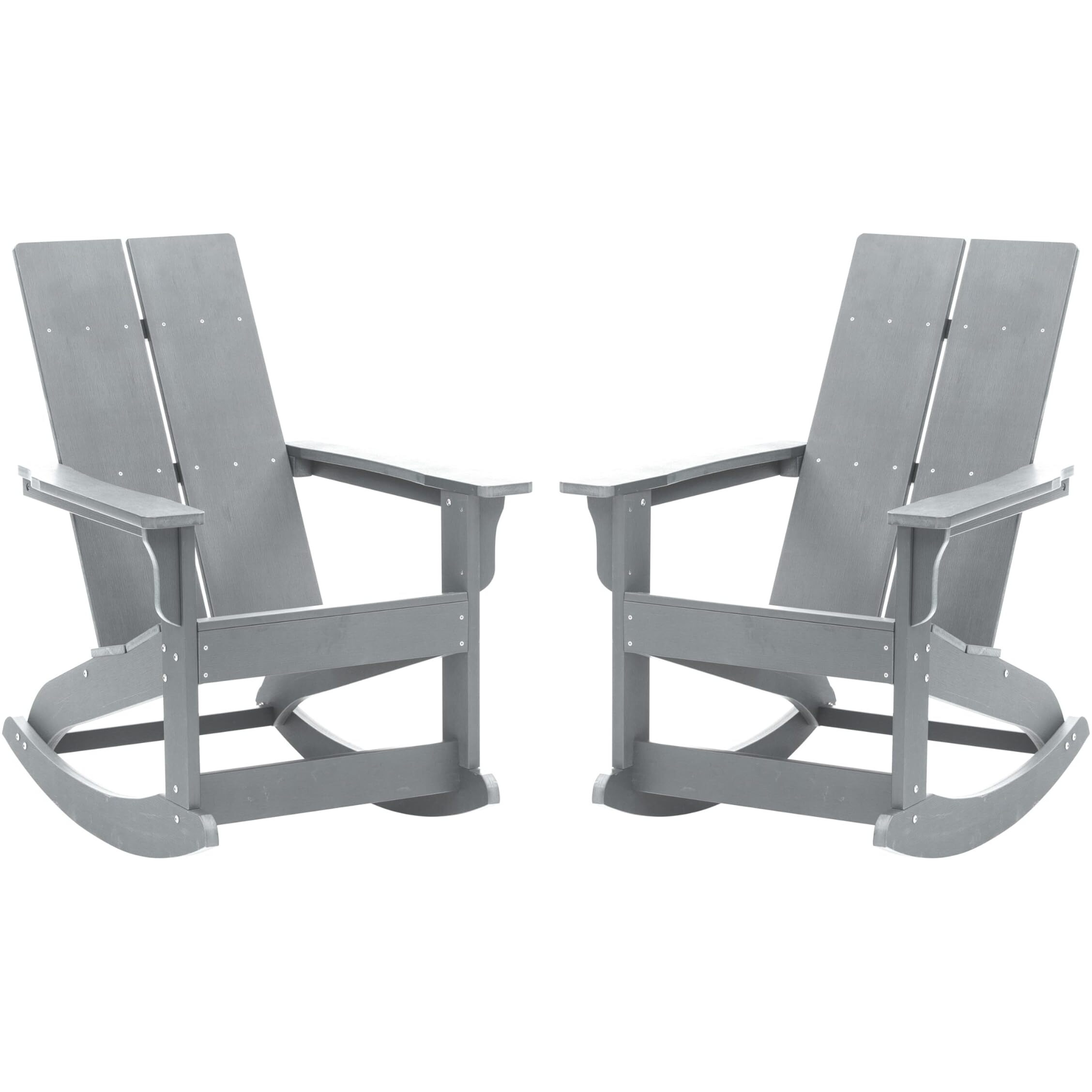 Flash Furniture Finn Modern Commercial Poly Resin Wood Adirondack Rocking Chair - All Weather Gray Polystyrene - Dual Slat Back - Stainless Steel Hardware - Set of 2