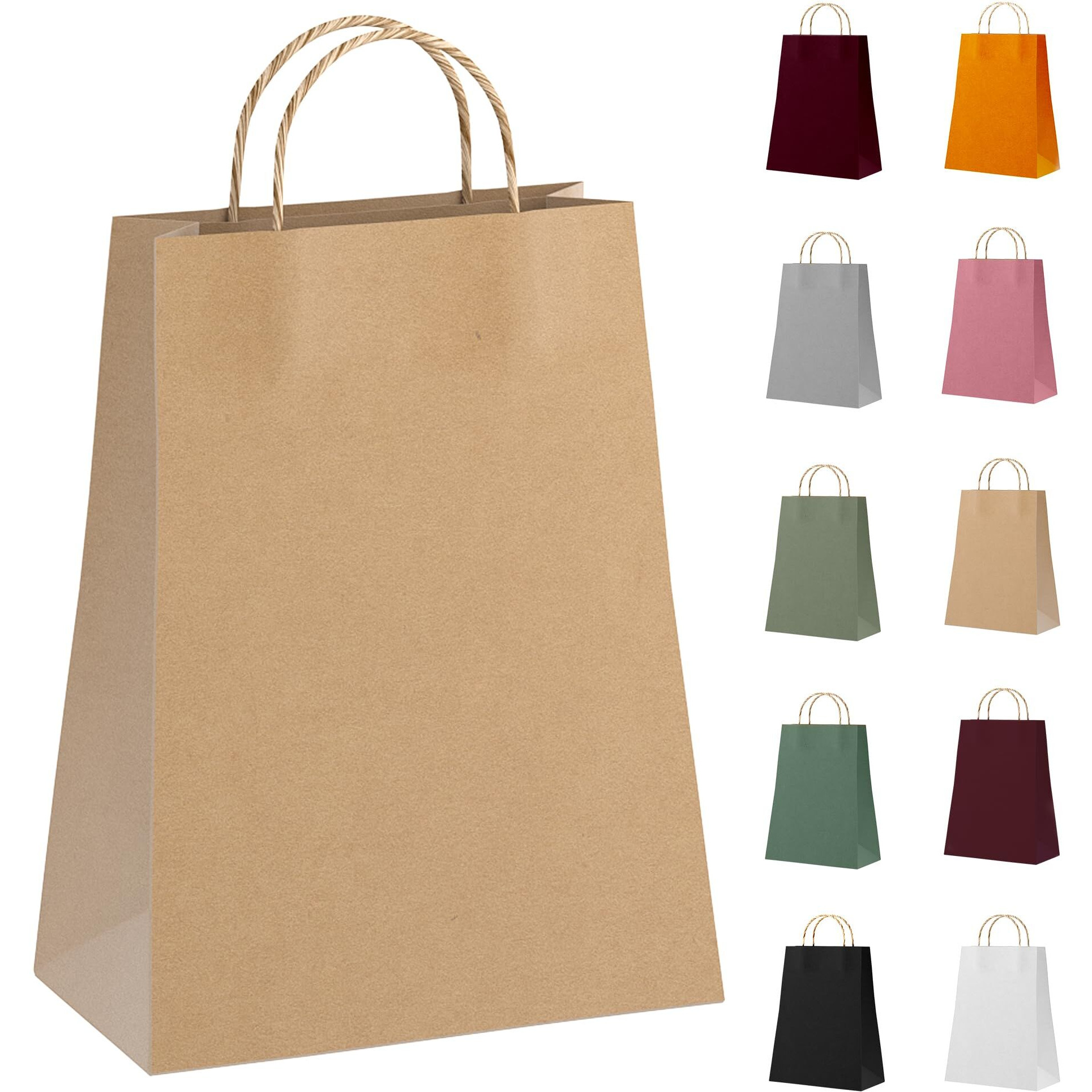 Amiff Brown Kraft Paper Bags with Handles Bulk, 8 x 4.75 x 10.5 Inch. 50 Pack 150 GSM Kraft Paper Gift Bags with Handles. Heavy Duty Kraft Bags with Handles. Light Paper Shopping Bags with Handles