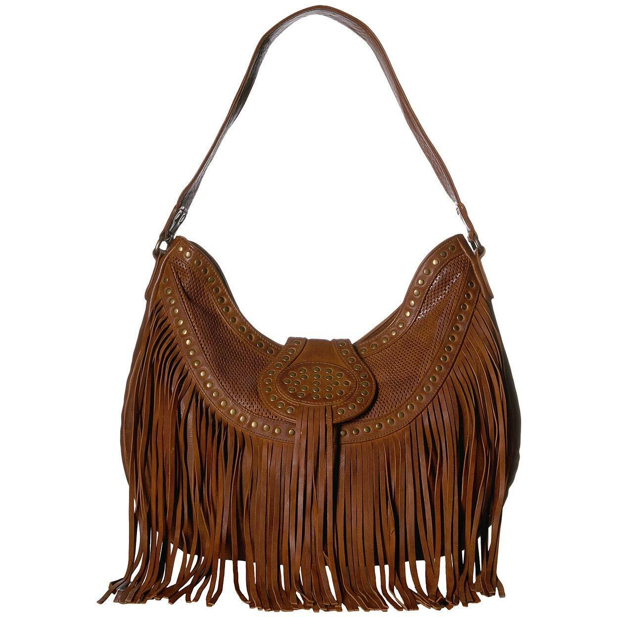 Scully Leather Fringe and Studded Handbag B177 **, Brown, ONE