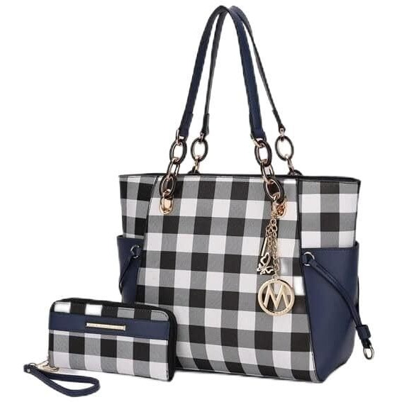 MKF Collection by Mia K. MKF-CKR-X535NV Yale Checkered Tote Bag with Wallet Navy