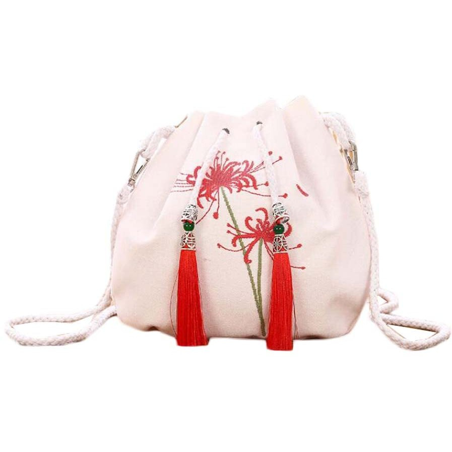 White Chinese Style Hanfu Bag Crossbody Bag Equinox Flower Embroidery Shoulder Bag Tassel Cell Phone Drawstring Bucket Bag