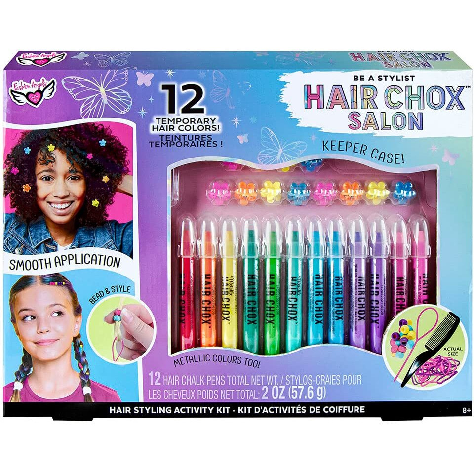 Fashion Angels Be a Stylist Hair Chox Salon Activity Kit - 12 Temporary Hair Chalk Pens, Yellow,Orange,Blue,Green,Pink,Red,Purple (12957)