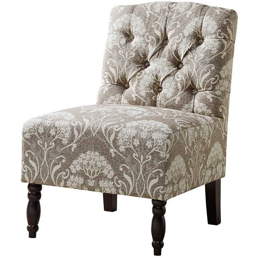 Madison Park Lola Accent Chairs - Hardwood, Birch Wood, Fabric Living Room Chairs - Taupe, Ivory, Damask Pattern, Classic Elegant Style Living Room Sofa Furniture - 1 Piece Button Tufted, Armless Bedroom Chairs Seats