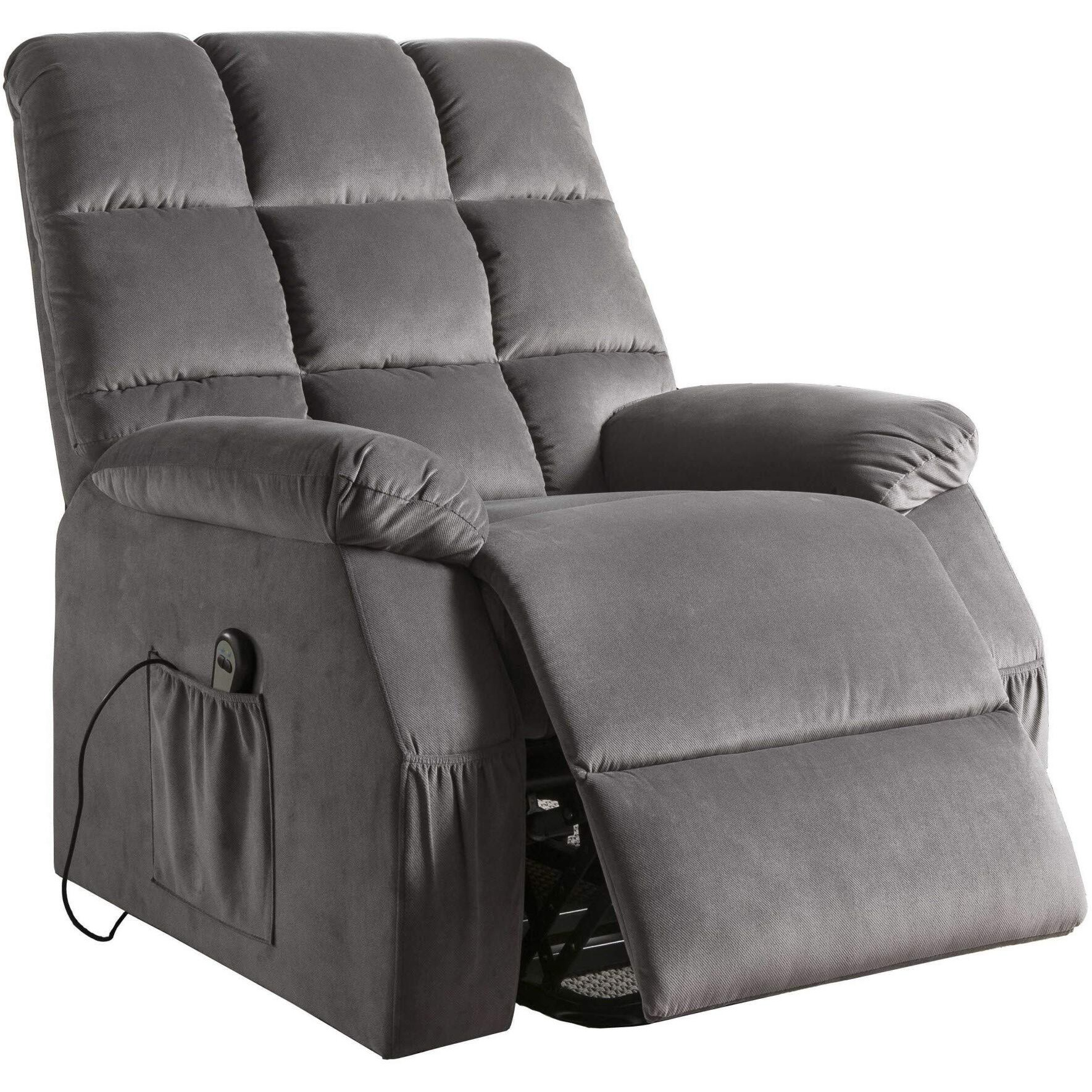 HomeRoots Velvet, Foam, Pine, Polyw 34" X 37" X 41" Gray Velvet Recliner with Power Lift and Massage