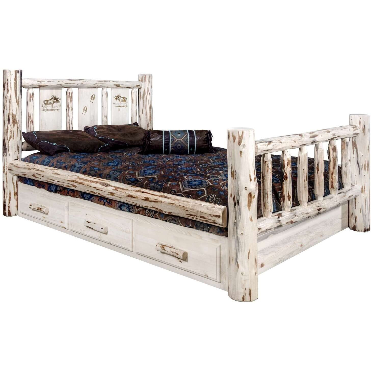 Montana Collection Twin Storage Bed w/Laser Engraved Moose Design, Clear Lacquer Finish