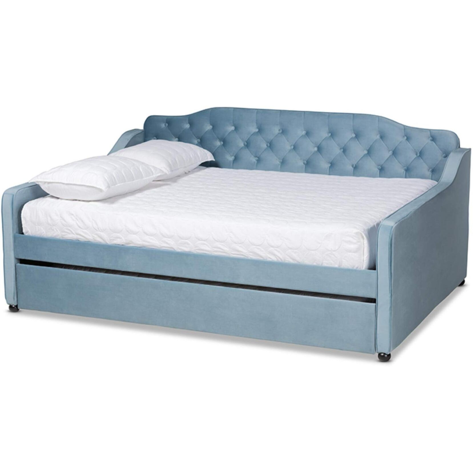 Baxton Studio Freda Transitional and Contemporary Light Blue Velvet Fabric Upholstered and Button Tufted Queen Size Daybed with Trundle