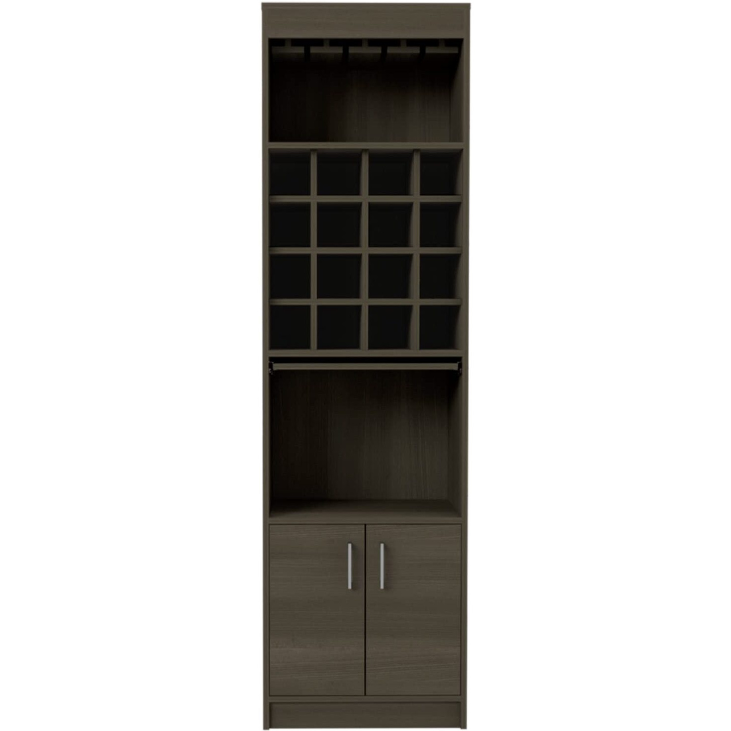 Soria Bar Cabinet with 16 Wine Cubbies, Open Shelf, Concealable Serving Tray, Glass Rack, and Double Door, Smokey Oak