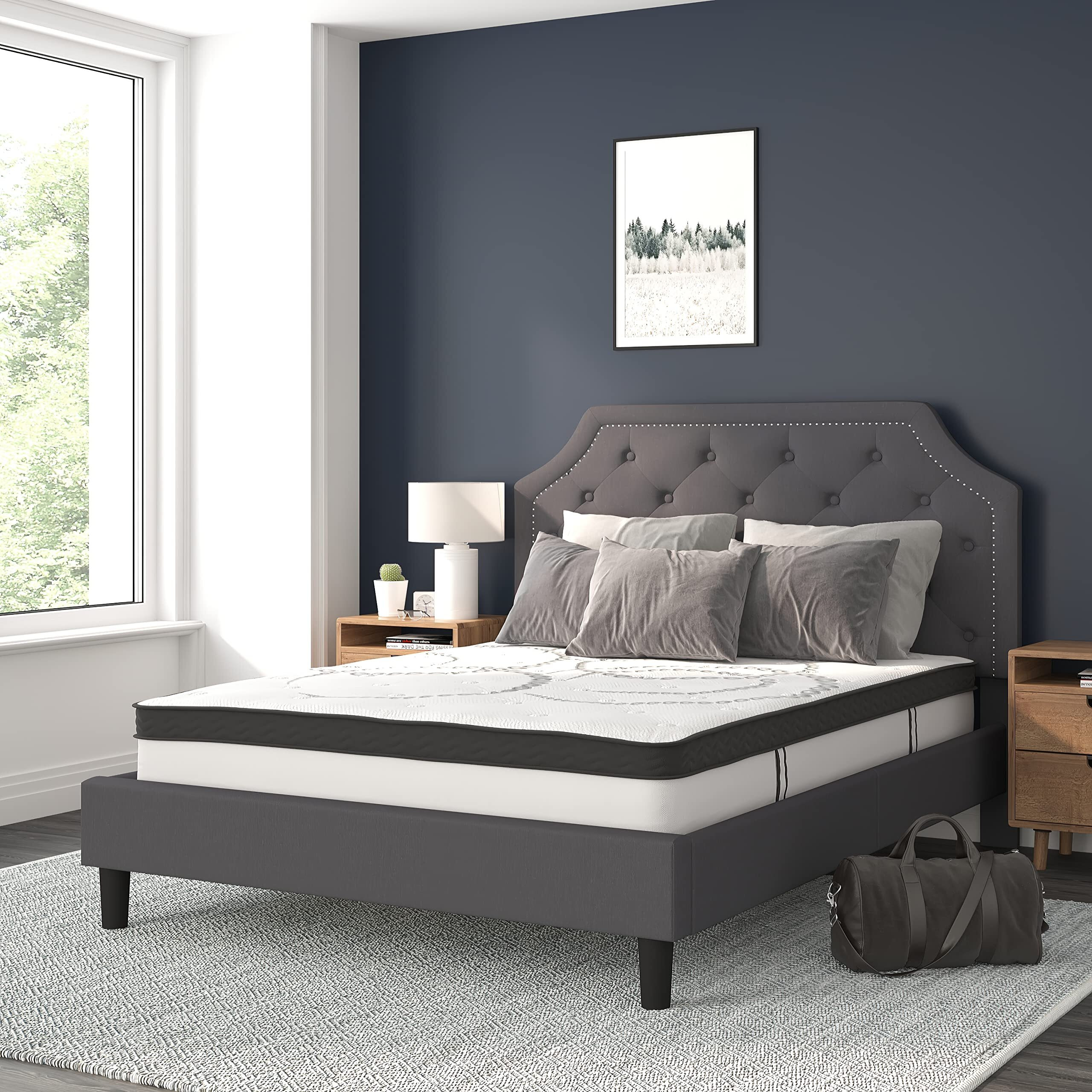 Flash Furniture Upholstered Platform Bed/Mattress Set, Queen, Dark Gray